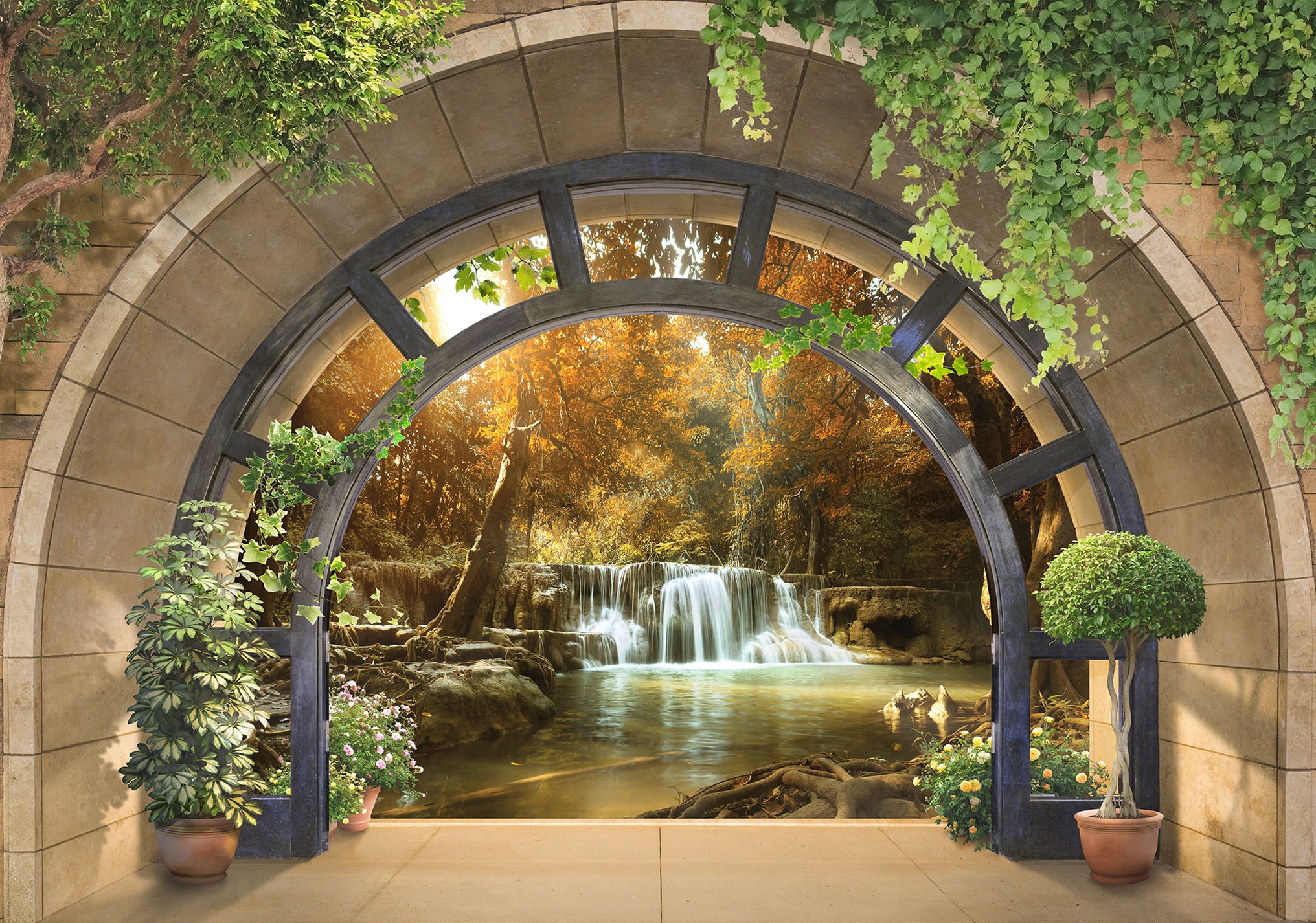 Consalnet Fototapete »3D Wasserfall«, Motiv, Fenster zum Wald, für Wohnzimmer oder... kaufen