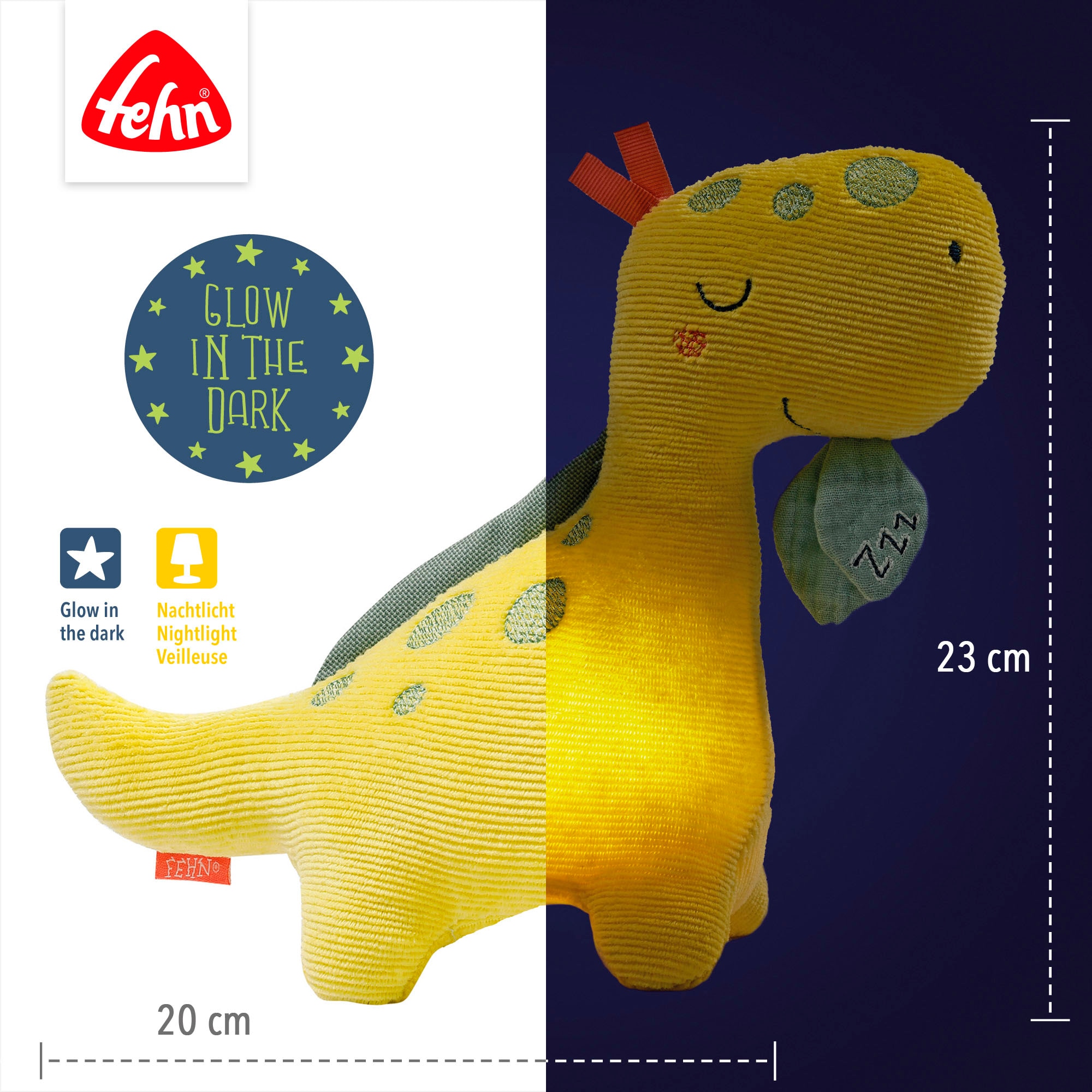 Fehn Kuscheltier »Happy Dino«, mit »Glow-in-the-dark«-Bestickung & Nachtlicht-Modul