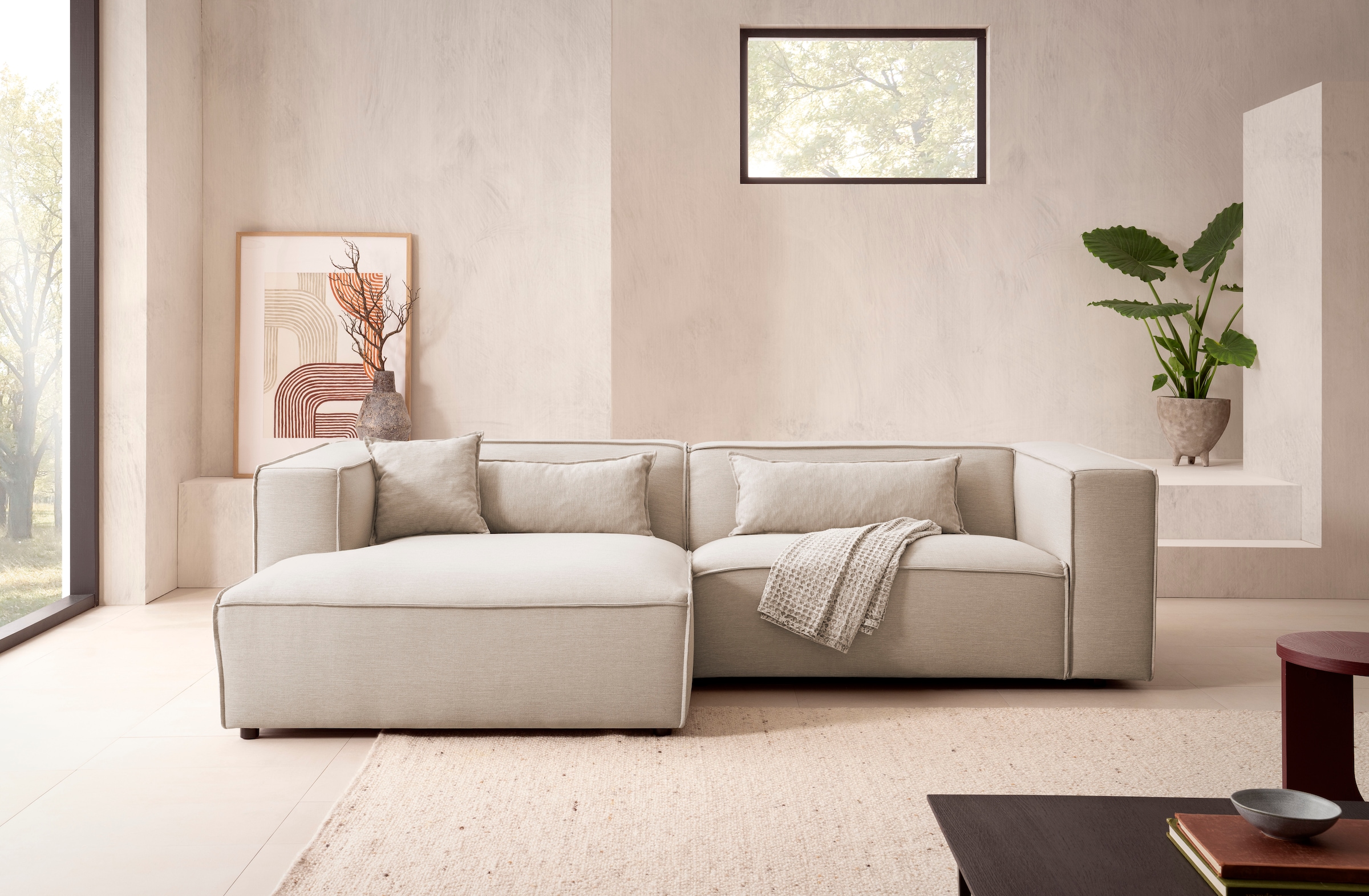 LeGer Home by Lena Gercke Ecksofa »PIARA mit Kedernaht in Cord oder Leinenoptik, moderne Couch in L-Form«, wahlweise Ottomane rechts/links, schwarze Füsse, bequemer Sitzkomfort