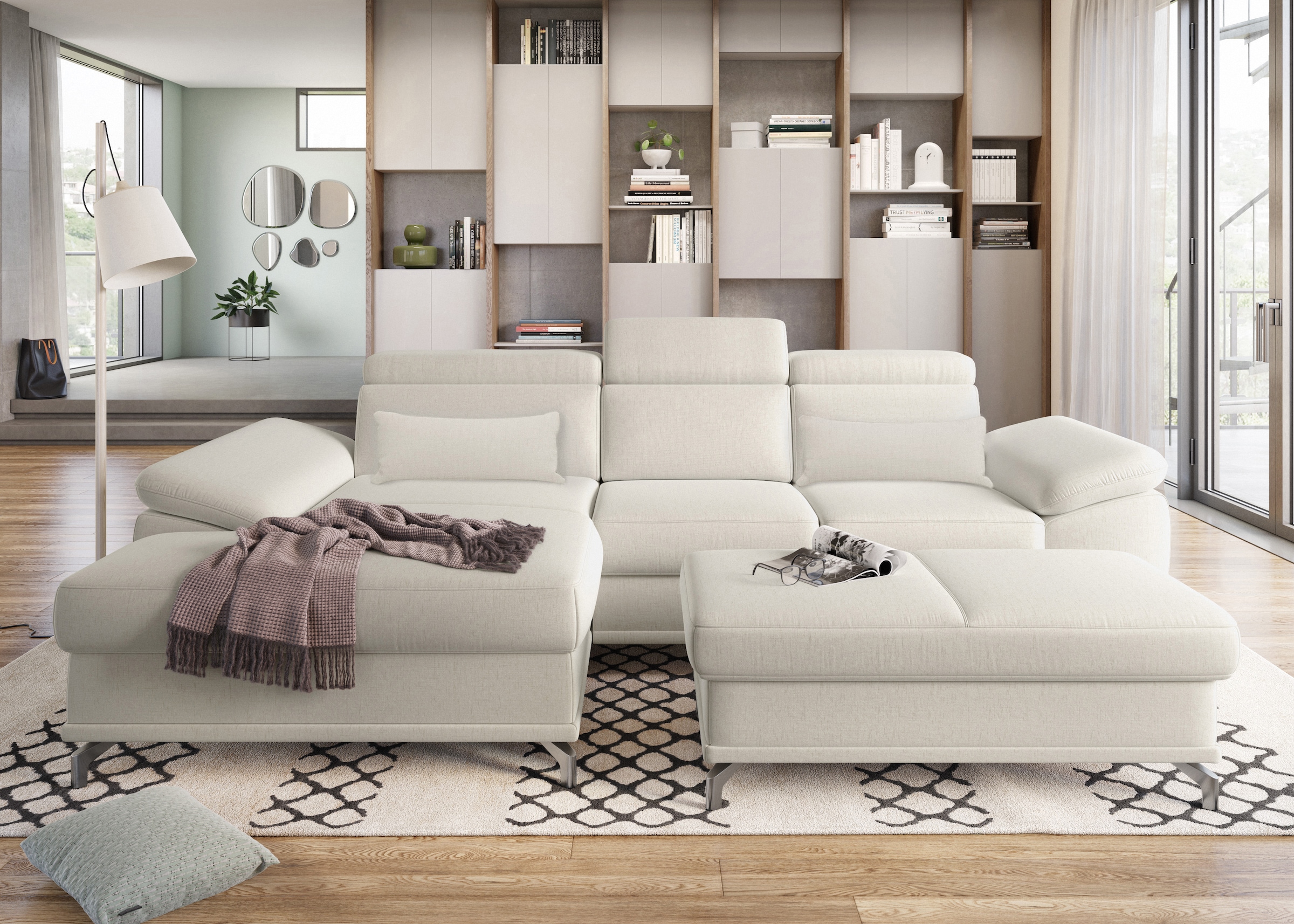 sit&more Ecksofa »Cabrio L-Form, mit Sitztiefenverstellung, Arm- und Kopfteilverstellung«, 2 Nierenkissen, Federkern, optional Bettfunktion und Stauraum