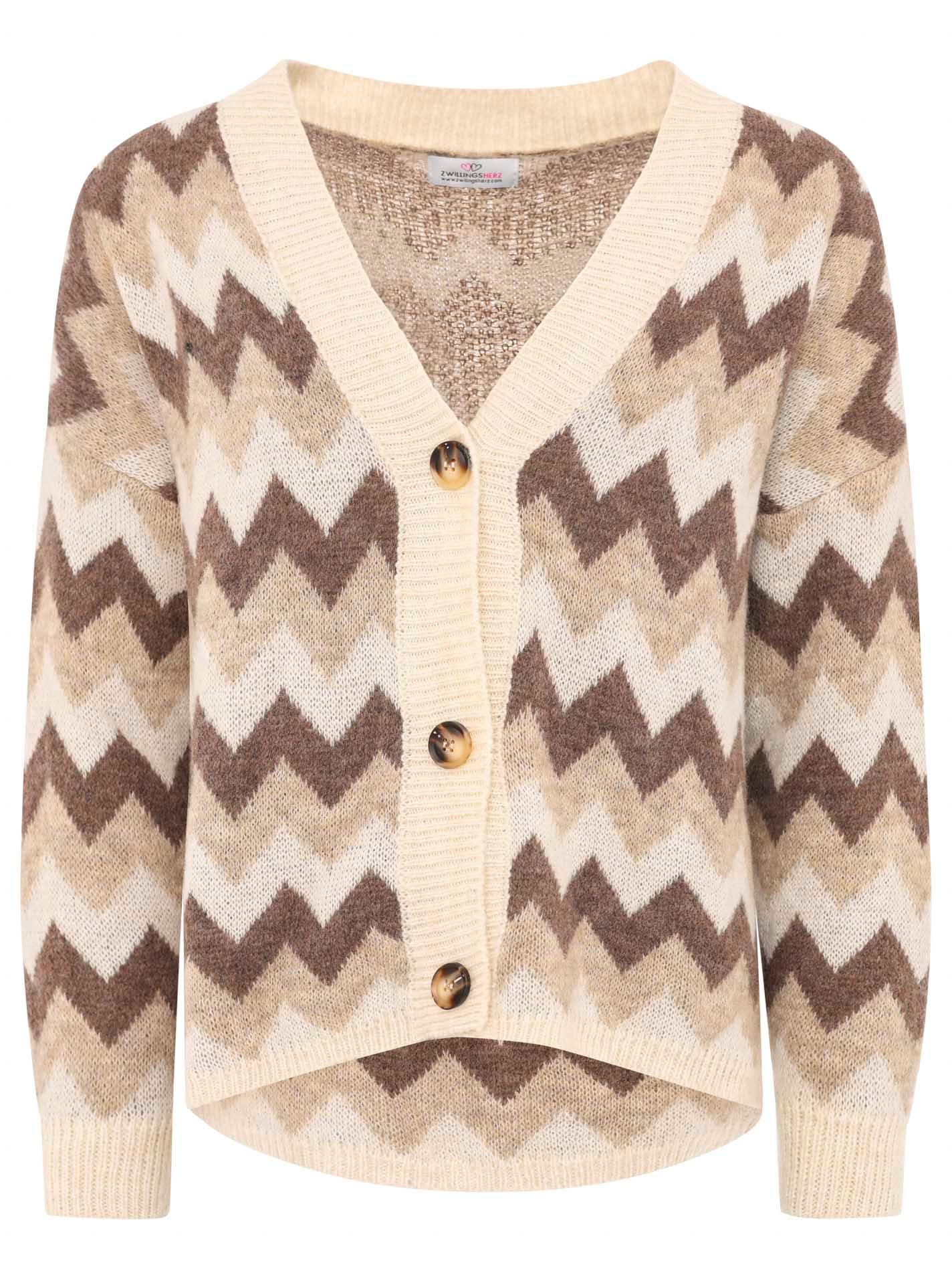 Zwillingsherz Strickjacke, Langarm, Zick-Zack-Muster, Knopfleiste, tiefer V-Ausschnitt