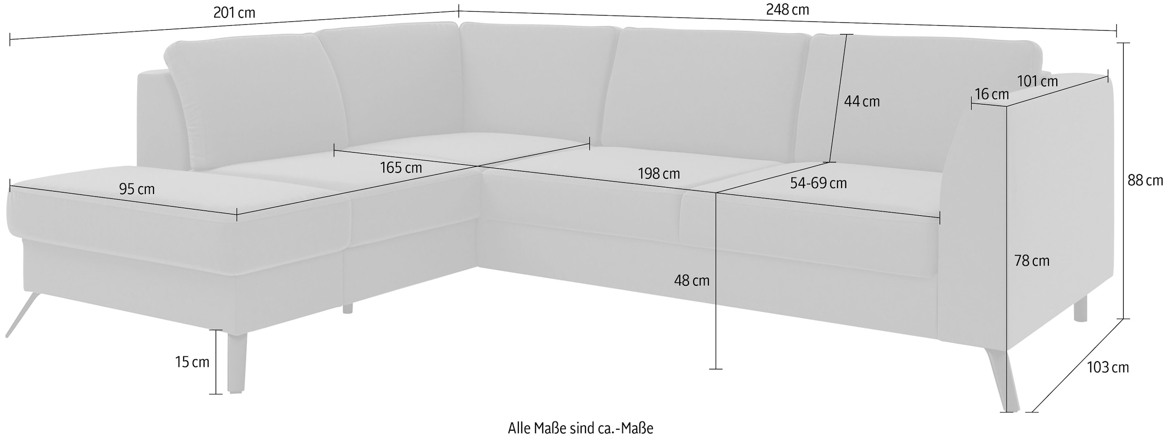 sit&more Ecksofa »Olsen L-Form«, inklusive Sitztiefenverstellung, wahlweise mit Bettfunktion, 15cm hoch
