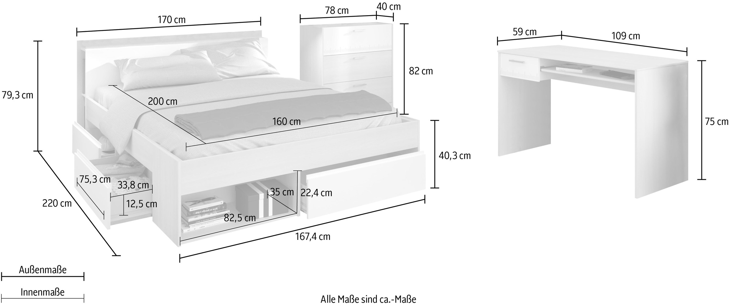 Parisot Jugendzimmer-Set »Most«, (Set, 3 tlg., Bett mit Schubkästen, Schreibtisch und Schubkastenkommode)