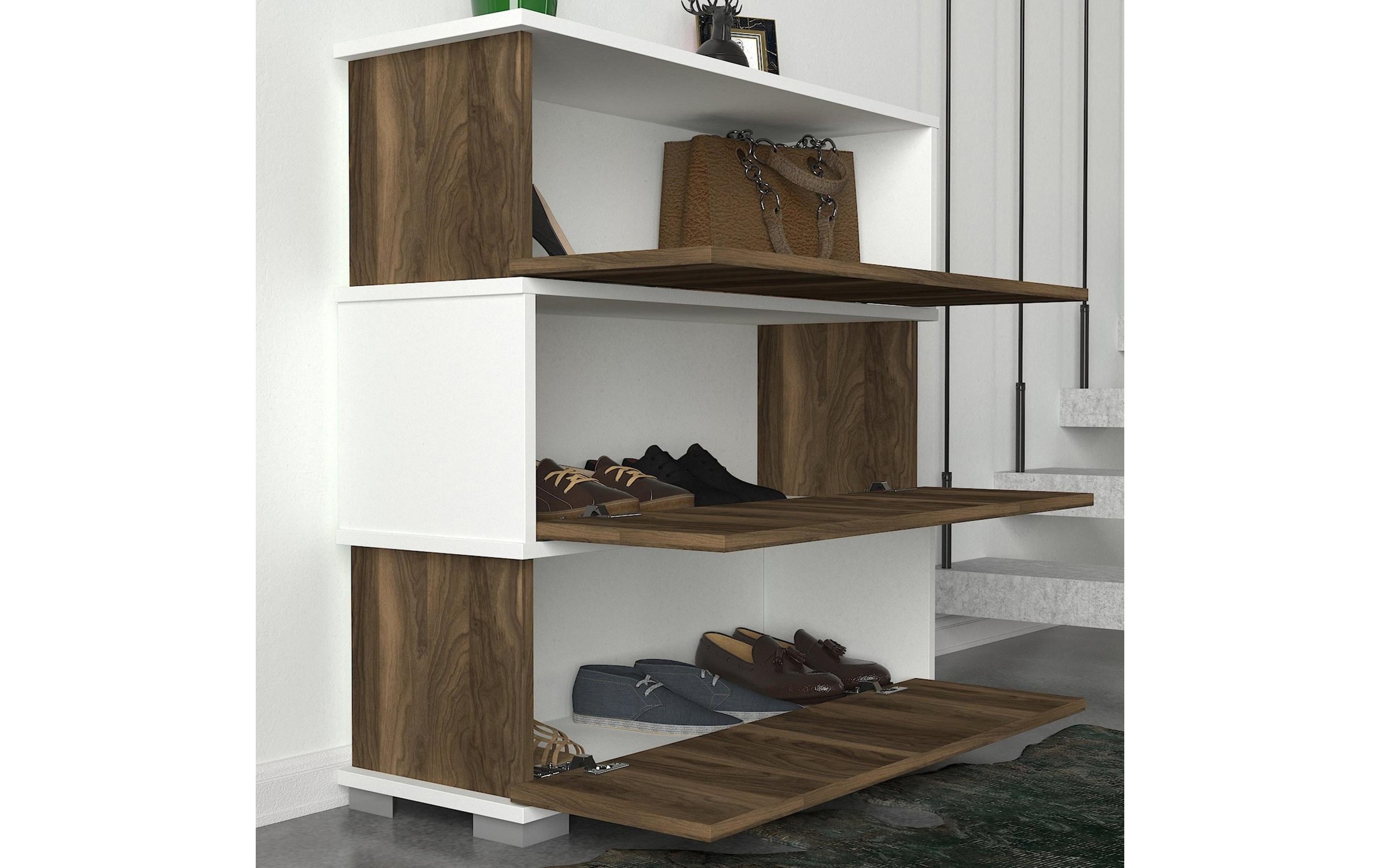 WOODY FASHION Schuhregal »Napolyon 90 x 93 x 30 cm, Walnuss/Weiss«