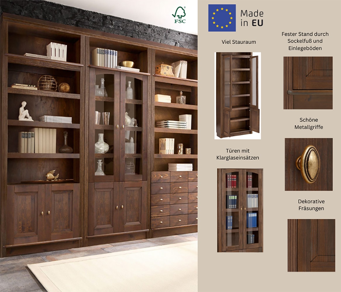 Home affaire Bücherregal »Soeren Vitrine mit 2 Glastüren, Breite/Tiefe: 80/220 cm«, Kiefer massiv, Tiefe 29 cm, 2 Holz- und 2 Türen mit Klarglas- Einsatz