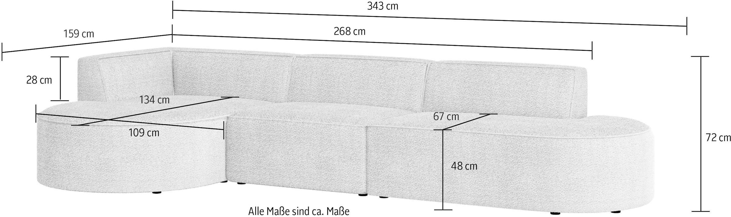 andas Ecksofa »EIVIND Designer Sofa mit Ottomane rechts/links, B/T/H: 343/159/72 cm«, L-Form mit Wellenunterfederung, auch in Feincord und Bouclé