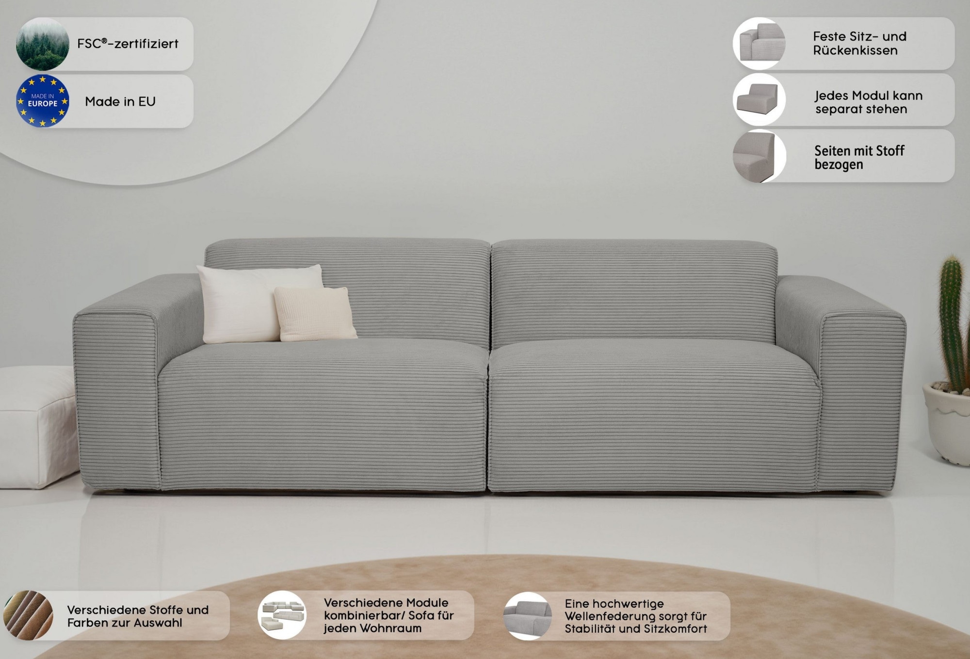 INOSIGN 3-Sitzer »Koa, 228 cm, Modulsofa in Webstoff, Cord, Struktur«, Designsofa, weicher Lounge-Sitzkomfort, Welleunterfederung, bodentief