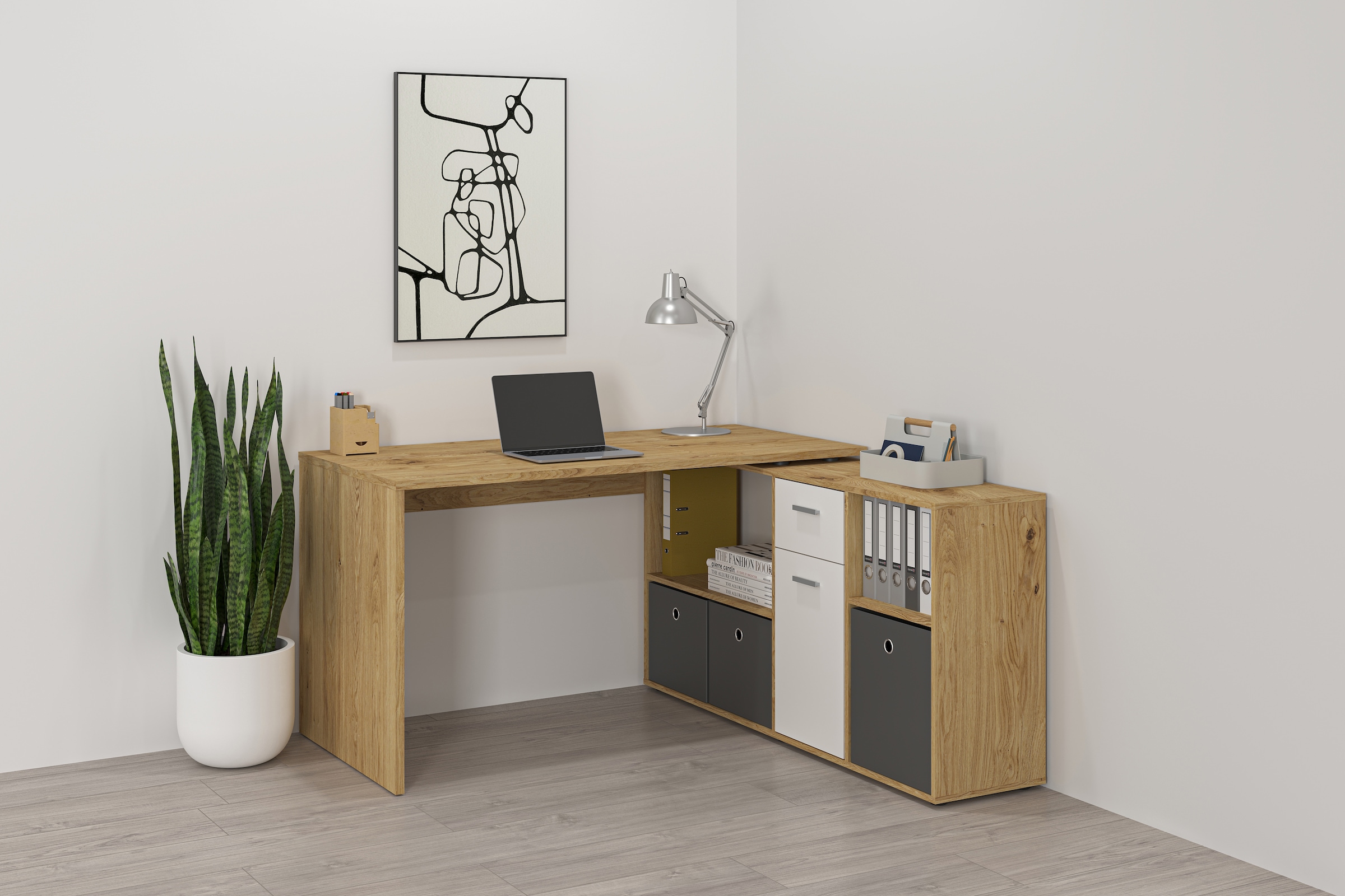 FMD Eckschreibtisch »Lex, Schreibtisch / Sideboard,«, variabel montierbar, Breite 136 / 205 cm, Made in Germany