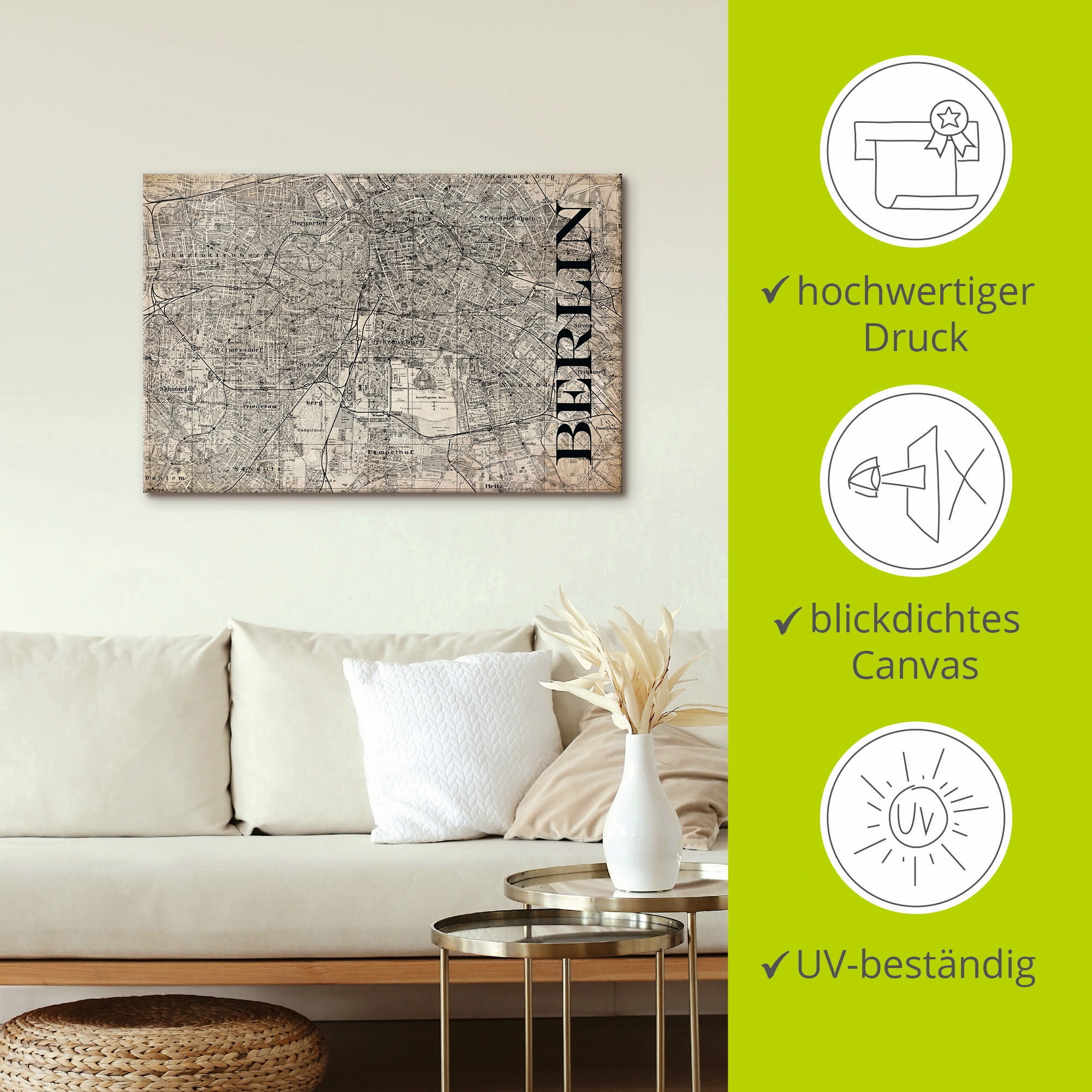 Artland Wandbild »Berlin Karte Strassen Karte Grunge«, Deutschland, (1 St.), als Alubild, Outdoorbild, Leinwandbild, Poster in verschied. Grössen
