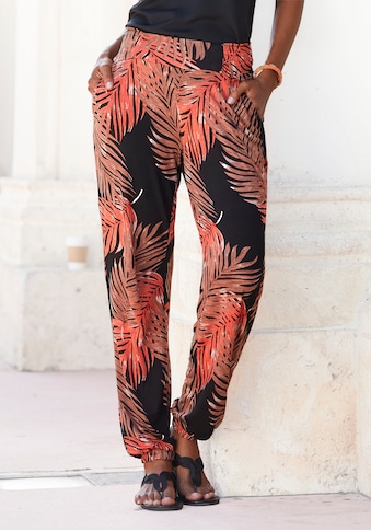Strandhose, mit Palmenblätterdruck und Taschen, leichte und elastische Jerseyhose