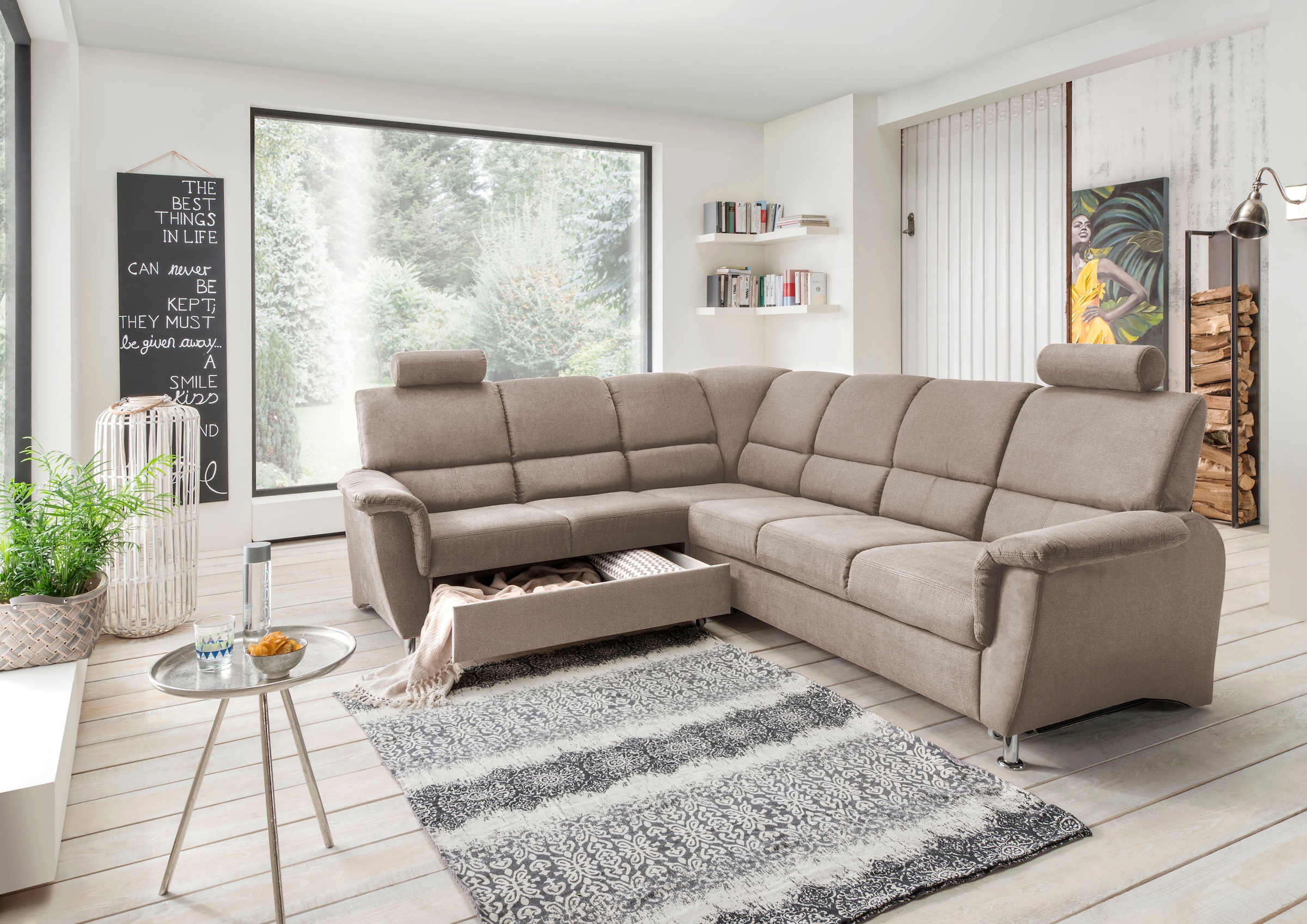Home affaire Ecksofa »Pisa L-Form, mit Schlaffunktion, Stauraum, 2x höhenverstellbare«, Kopfstützen und Relaxfunktion im Eckelement