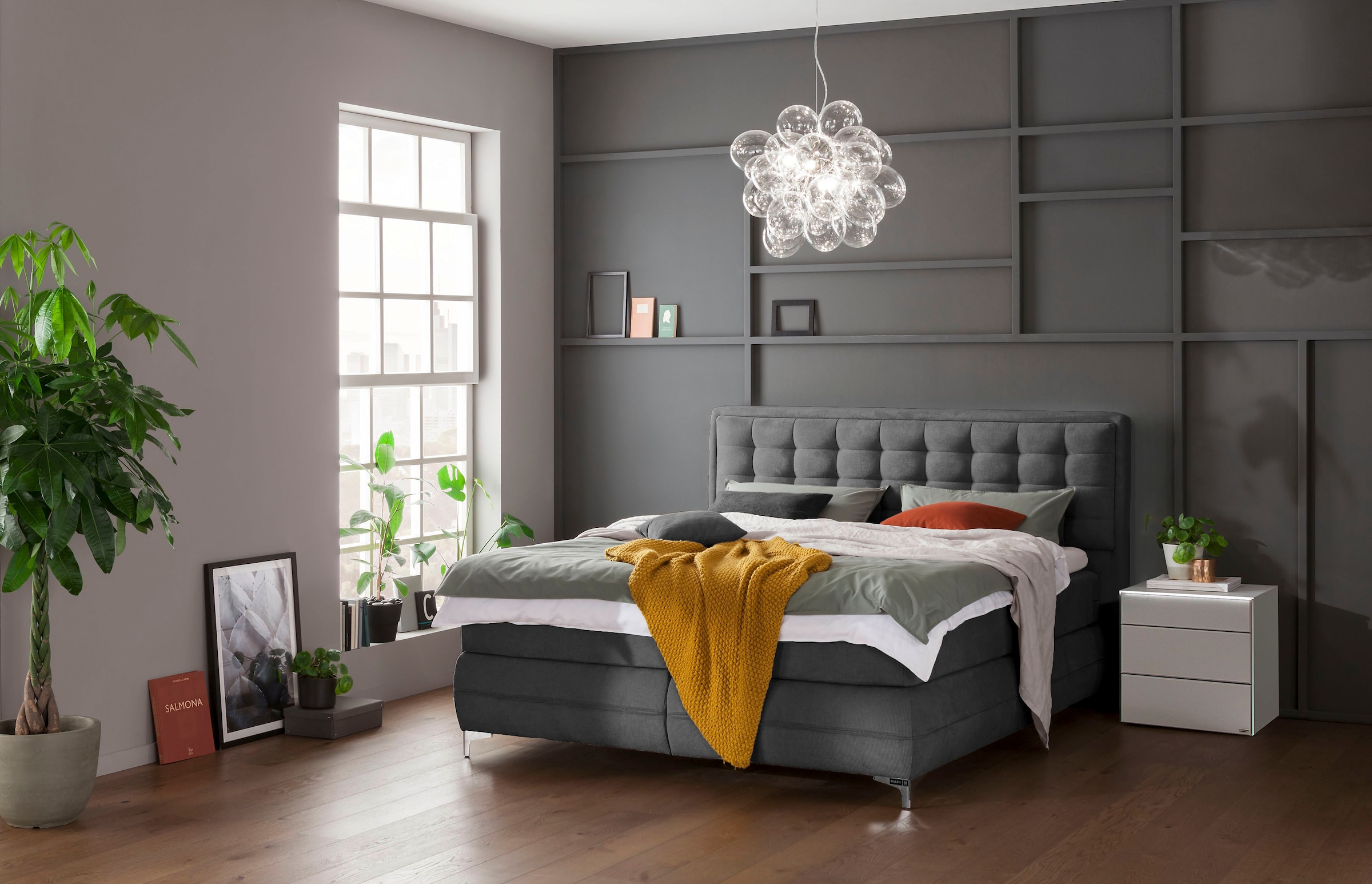 Musterring Boxspringbett »Dubai«, Winkelfuss in Chrom, 3 Härtegrade, Kopfteil in Kassettensteppung