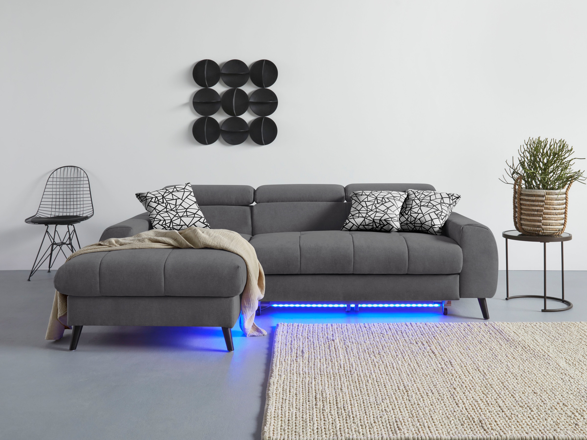 COTTA Ecksofa "Mia L-Form mit 3 Zierkissen" wahlweise mit Bettfunktion, Bettkasten, Beleuchtung & Wireless-Charger