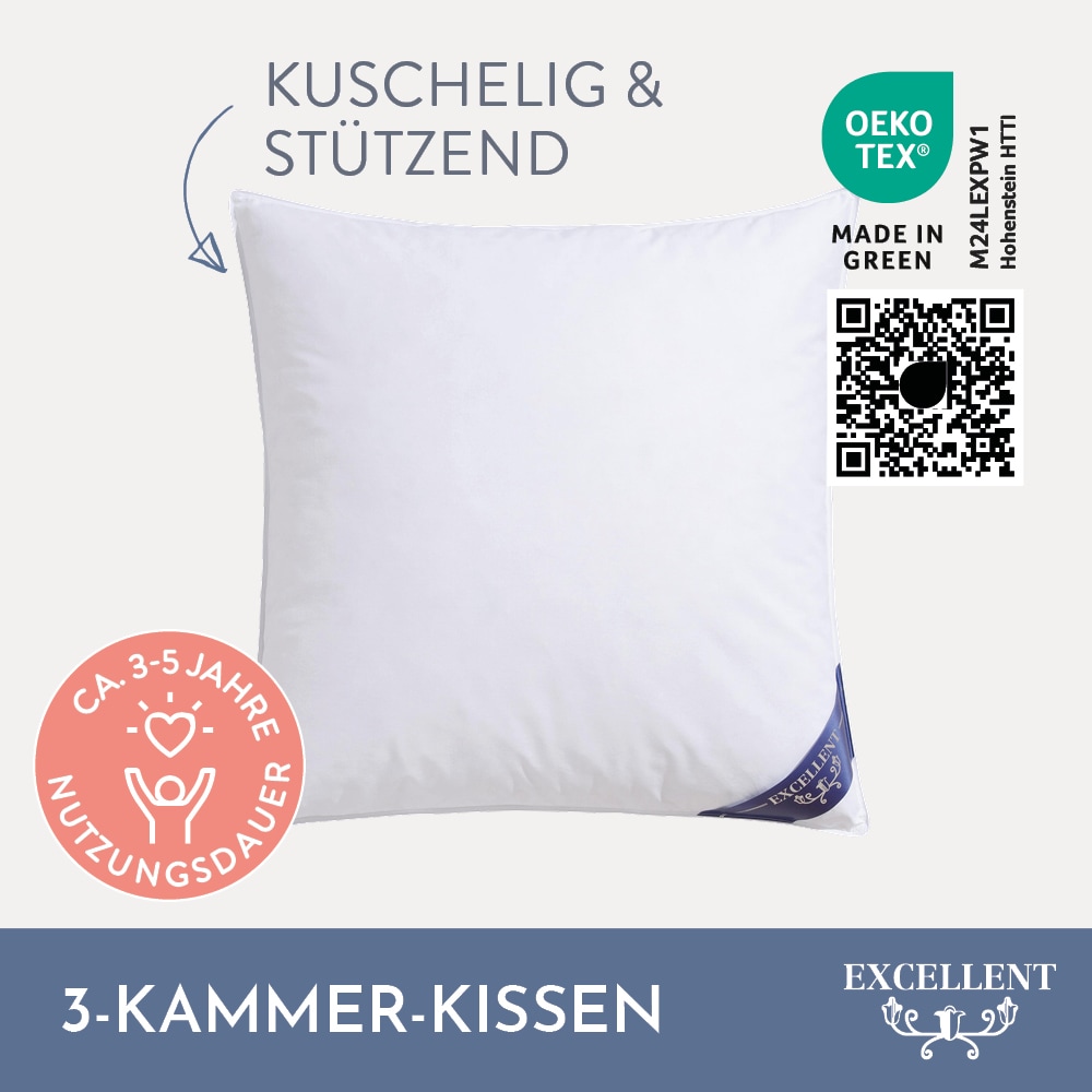 Excellent 3-Kammer-Kopfkissen »Kopfkissen "Venedig" Kissen mit Feder und Daunen Füllung. Kuschelig weiches Kopfkissen.«, Füllung: 100% Daunen (Aussenkammer), Bezug: 100% Baumwolle, hergestellt in Deutschland, allergikerfreundlich