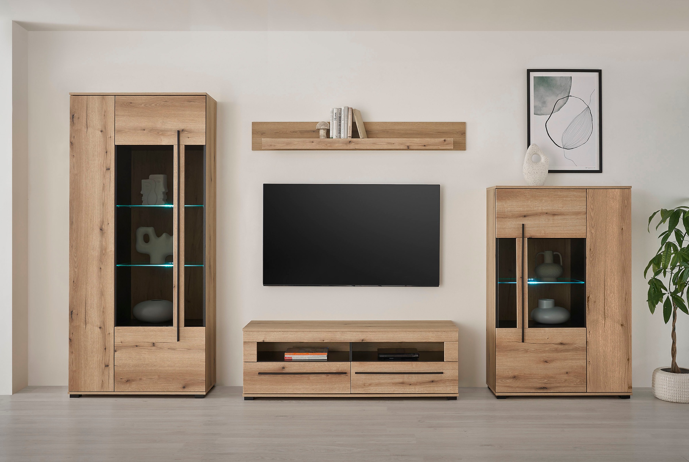 INOSIGN Wohnwand »Cantara, moderne Anbauwand, Wohnzimmer-Set, in Eiche Evoke oder Weiss«, (Set), enthält zwei Vitrinen, ein Lowboard und ein Wandboard