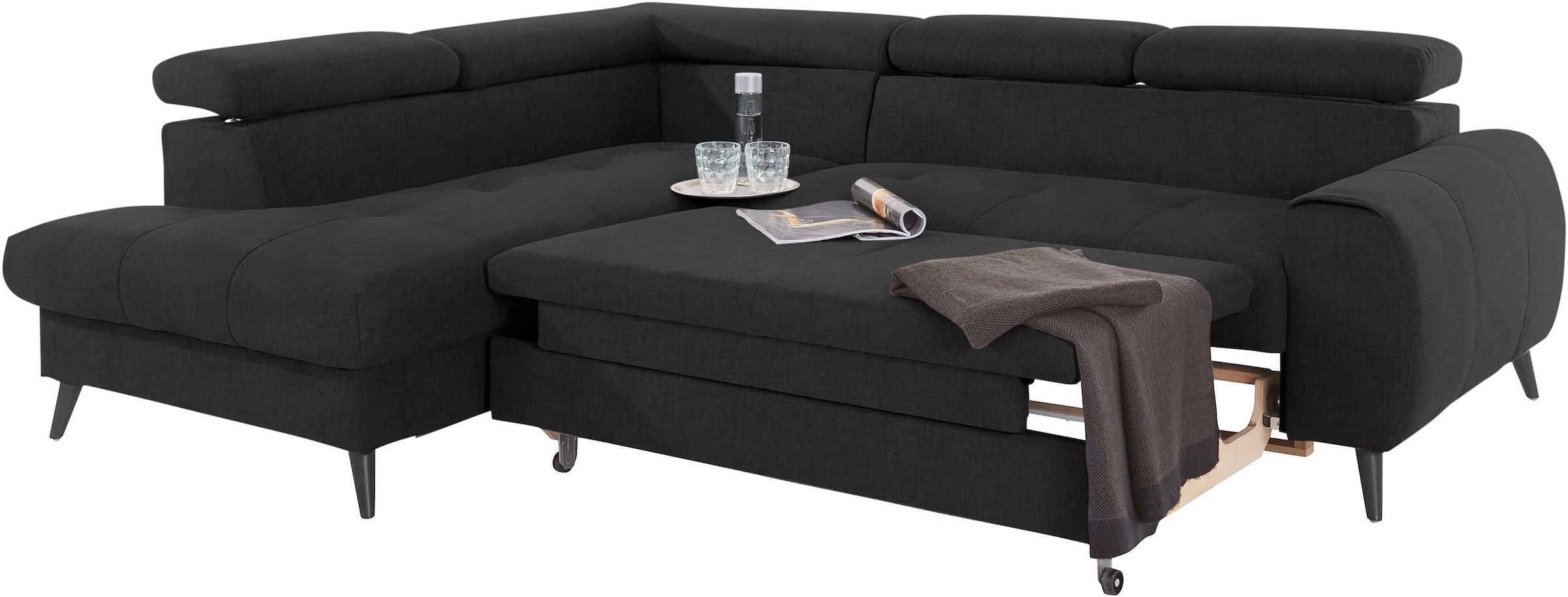 COTTA Ecksofa »Mia L-Form mit 3 Zierkissen«, wahlweise mit Bettfunktion, Bettkasten, Beleuchtung & Wireless-Charger