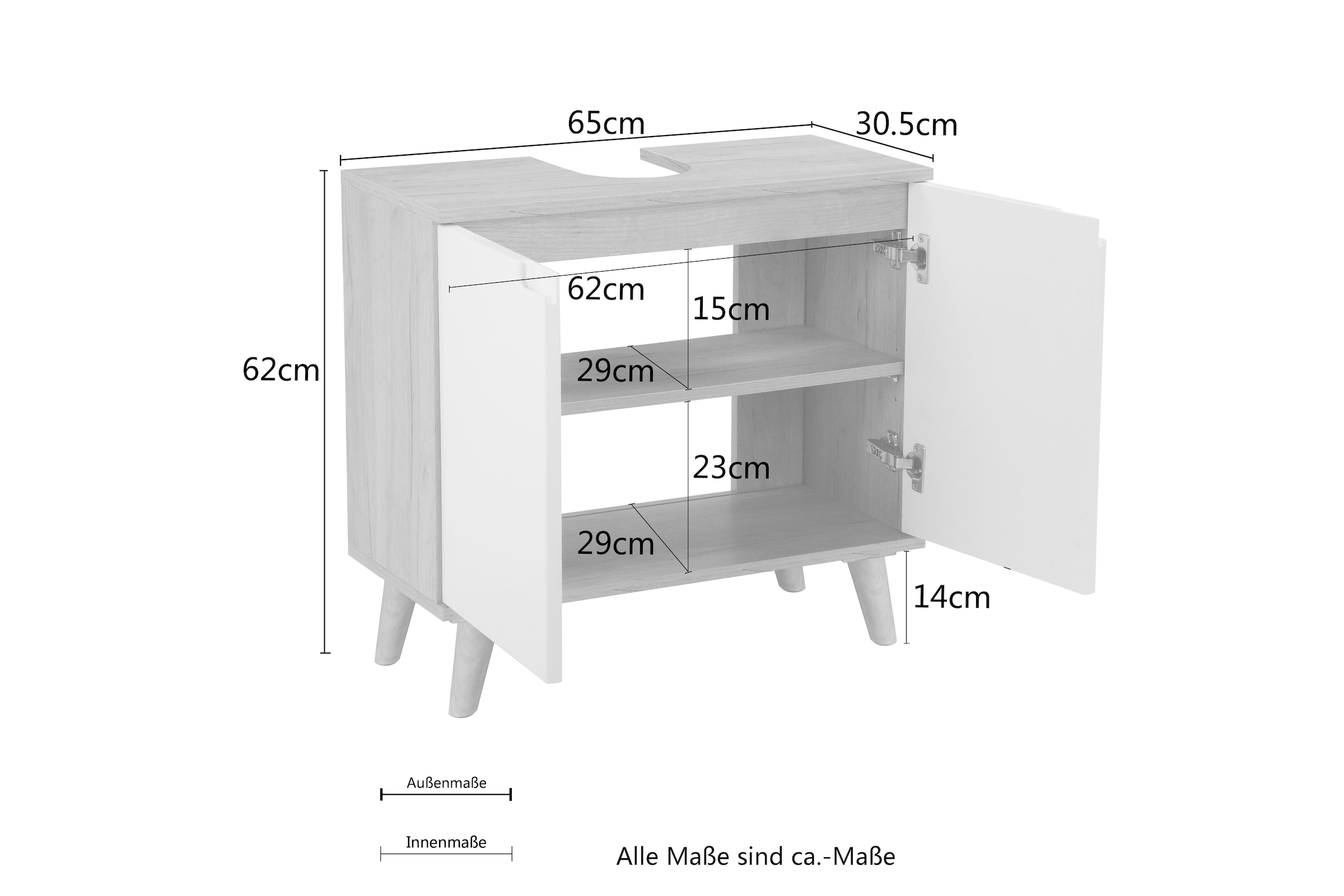 welltime Waschbeckenunterschrank »Lund Badunterschrank für wandhängende Waschbecken WC Unterschrank«, Badezimmerschrank WBU Breite 65cm mit Siphonausschnitt Badschrank