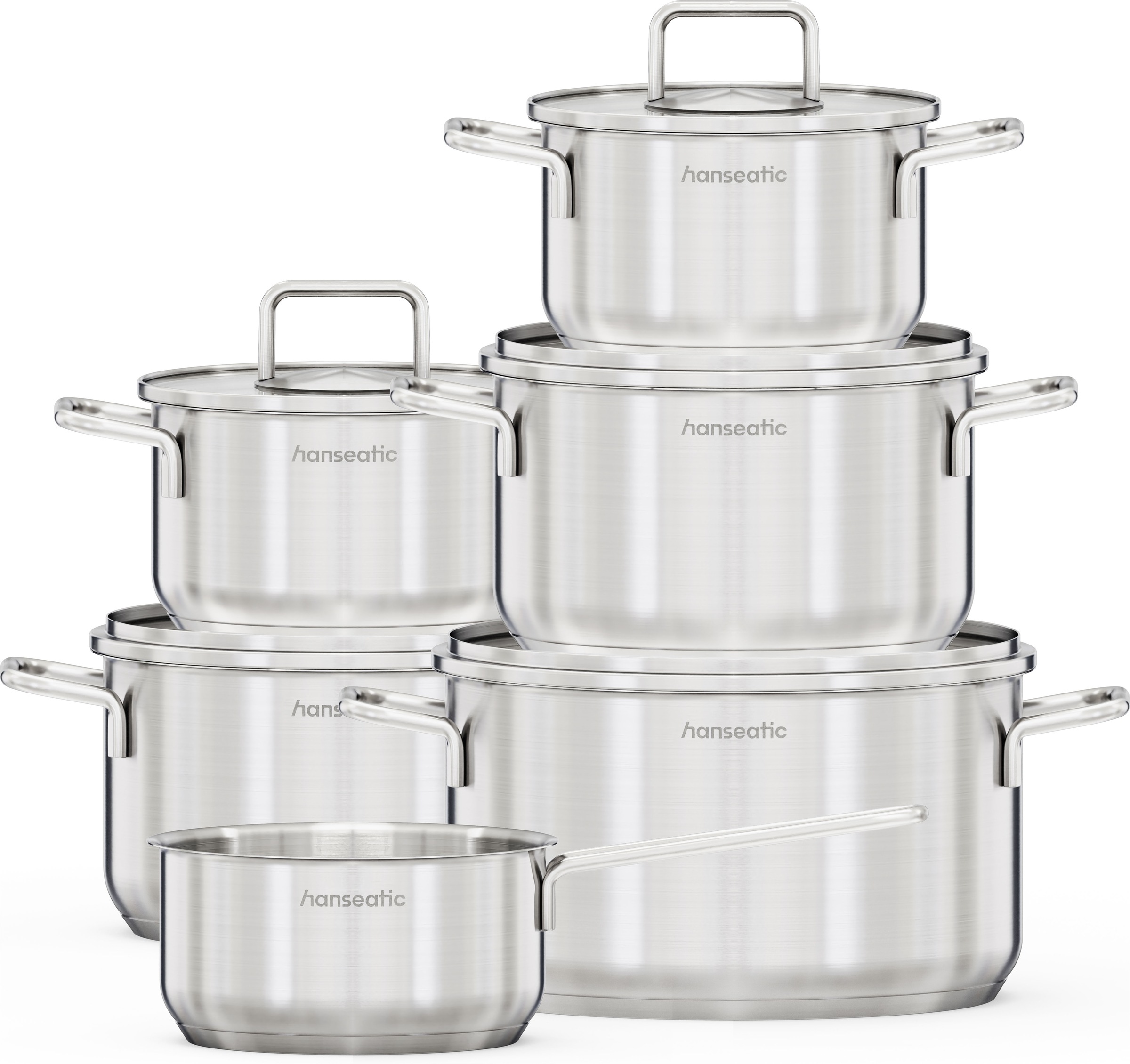 Hanseatic Topf-Set "BASIC" Set, Stielkasserolle 16 cm, Kochtopf 2x16/2x20/1x24 cm, 11 tlg. Edelstahl 18/10