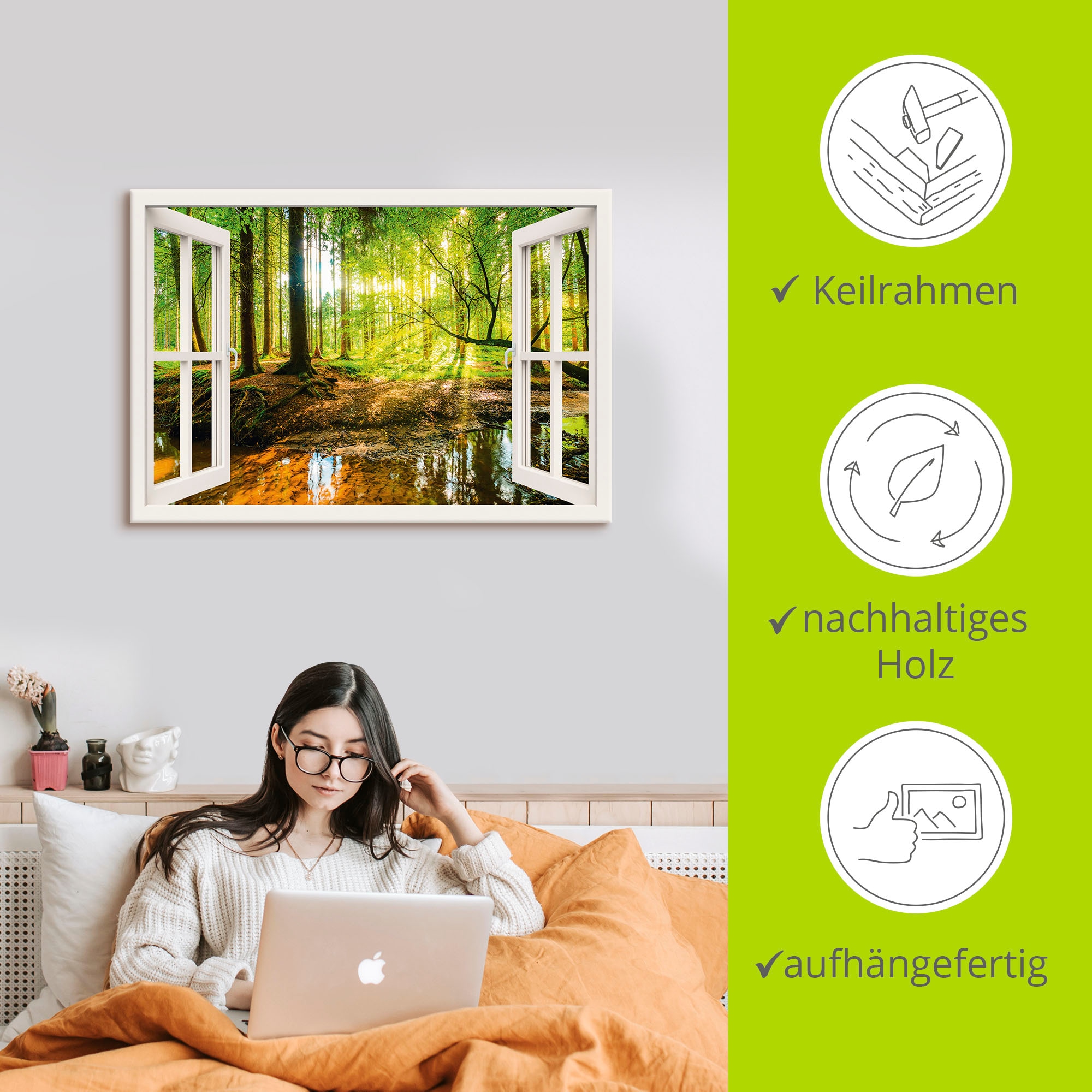 Artland Wandbild »Fensterblick - Wald mit Bach«, Wald, (1 St.), als Leinwandbild, Poster, Wandaufkleber in verschied. Grössen