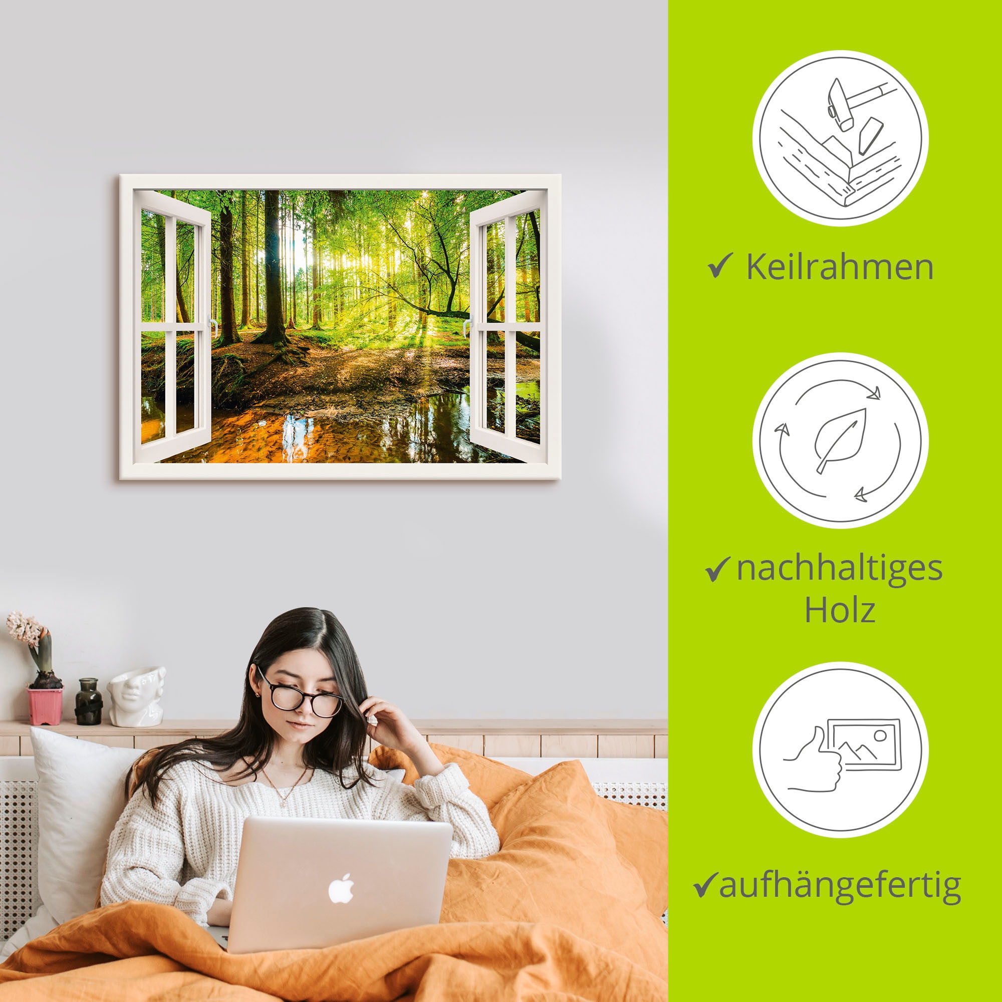 Artland Wandbild "Fensterblick - Wald mit Bach" Wald 1 Stk. tlg. als Leinwandbild, Poster in verschied. Größen
