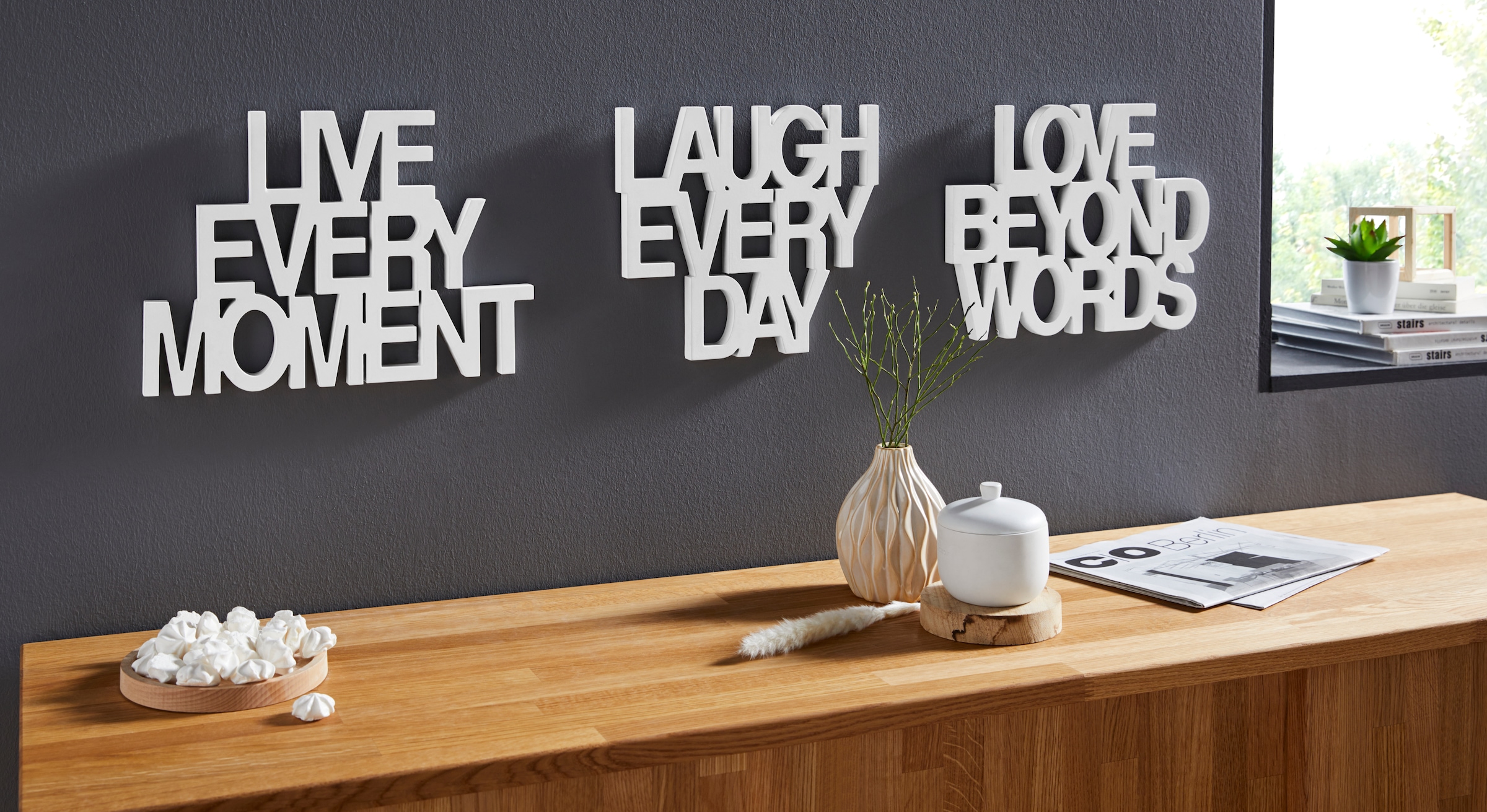andas Wanddekoobjekt »Schriftzug Live every Moment - Love beyond Words - Laugh every Day«, Wanddeko