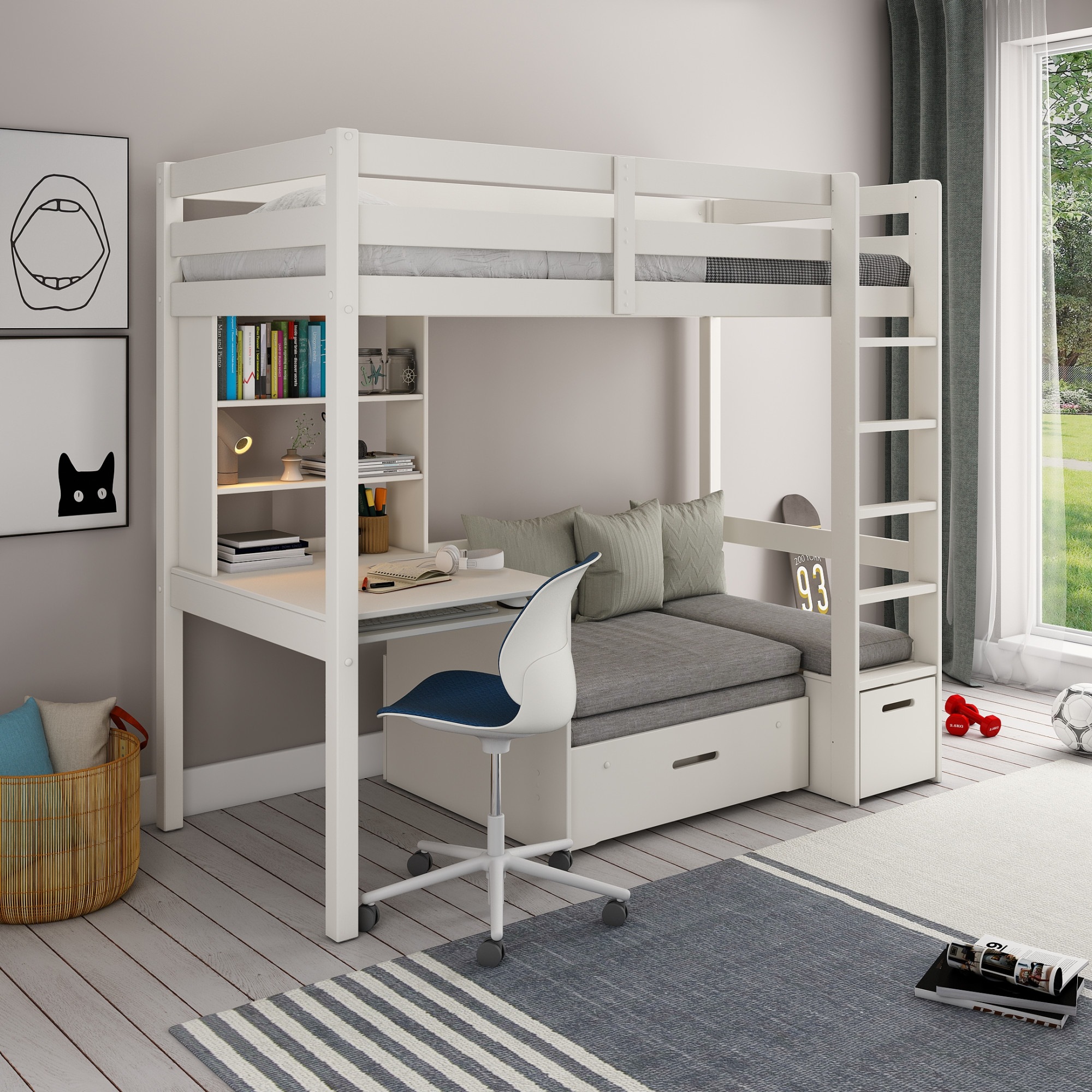 Lüttenhütt Etagenbett »Stockbett, Doppelstockbett "HENNE " zertifiziertes Massivholz«, mit Schreibtisch, Regale, ausziehbarem Sessel,OHNE MATRATZEN/AUFLAGEN!