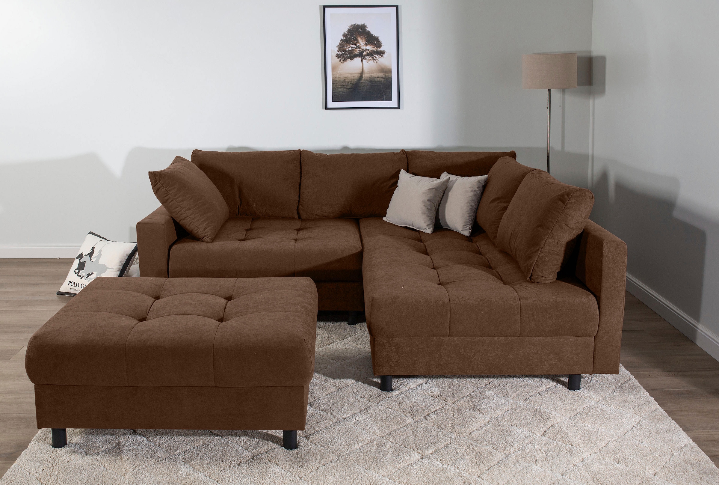 Home affaire Ecksofa »Toni L-Form, B: 215 cm«, mit Hocker & 2 Zierkissen, Federkern