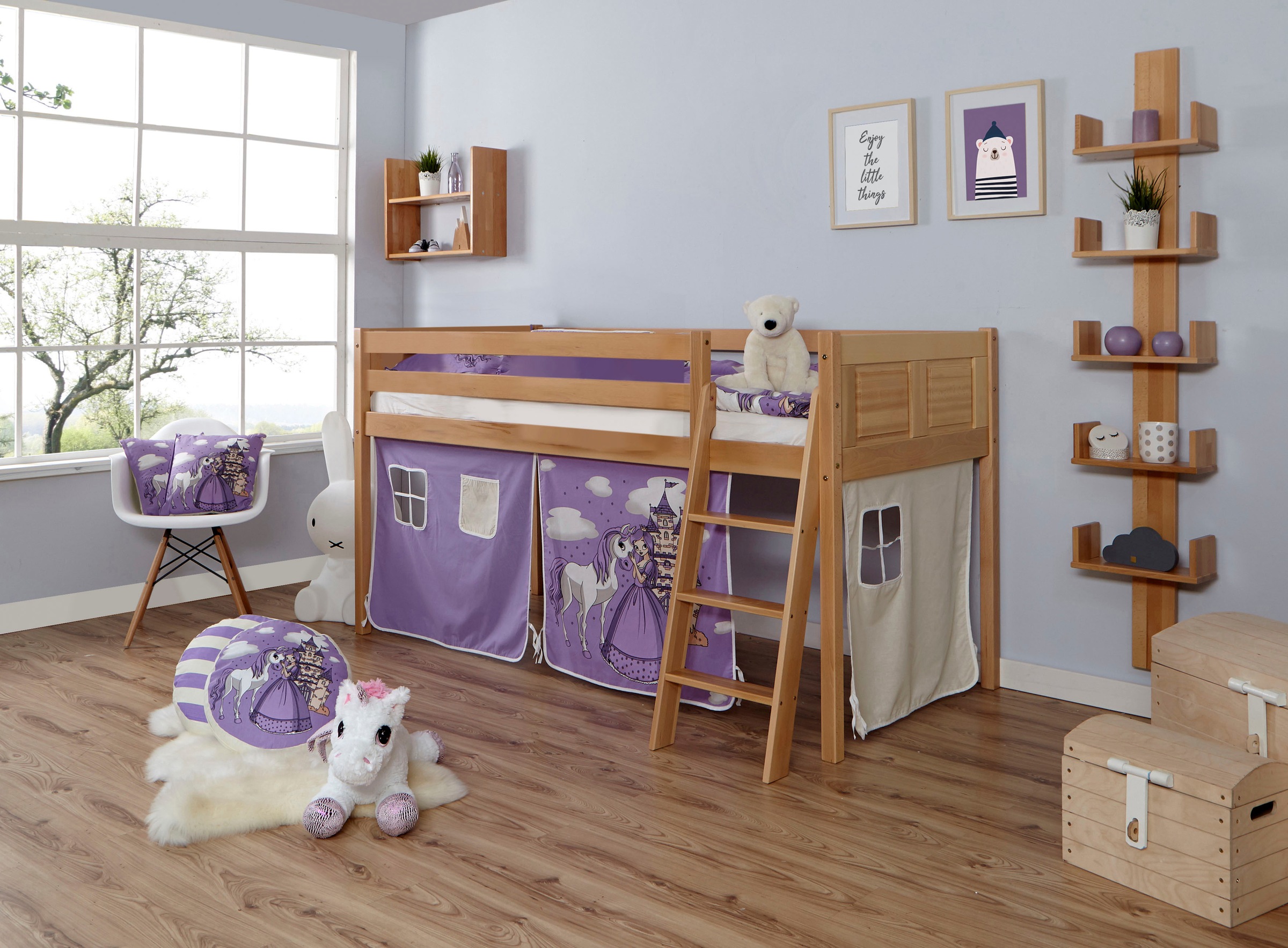 Ticaa Hochbett »Eric« mit Rollrost und Textil-Set wahlweise mit Matratze, Buche