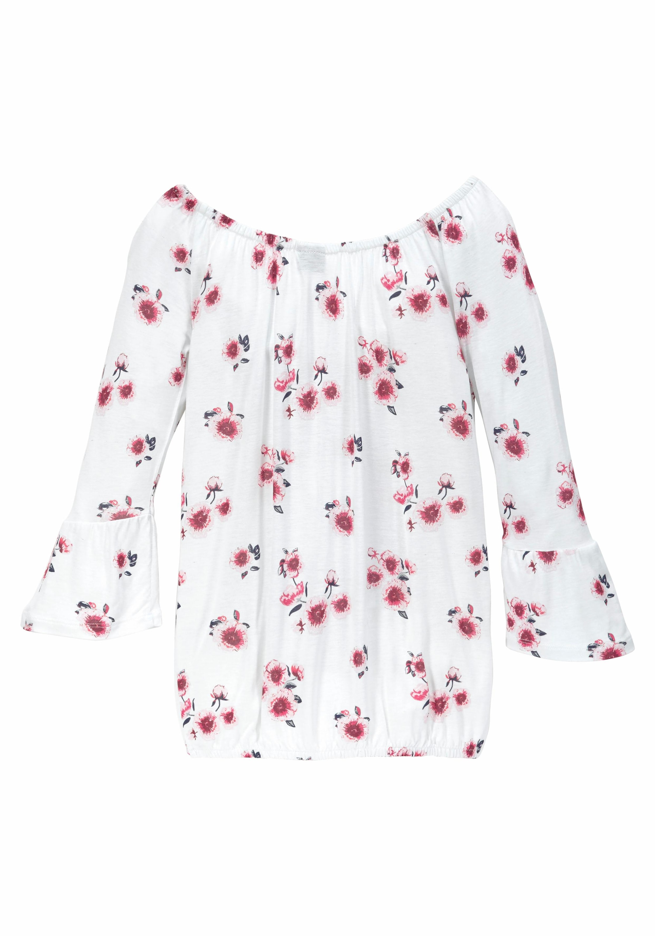 KIDSWORLD Carmenshirt »Viskose-Shirt«, weite Passform, mit Blumenmuster und Aufdruck, Carmenausschnitt