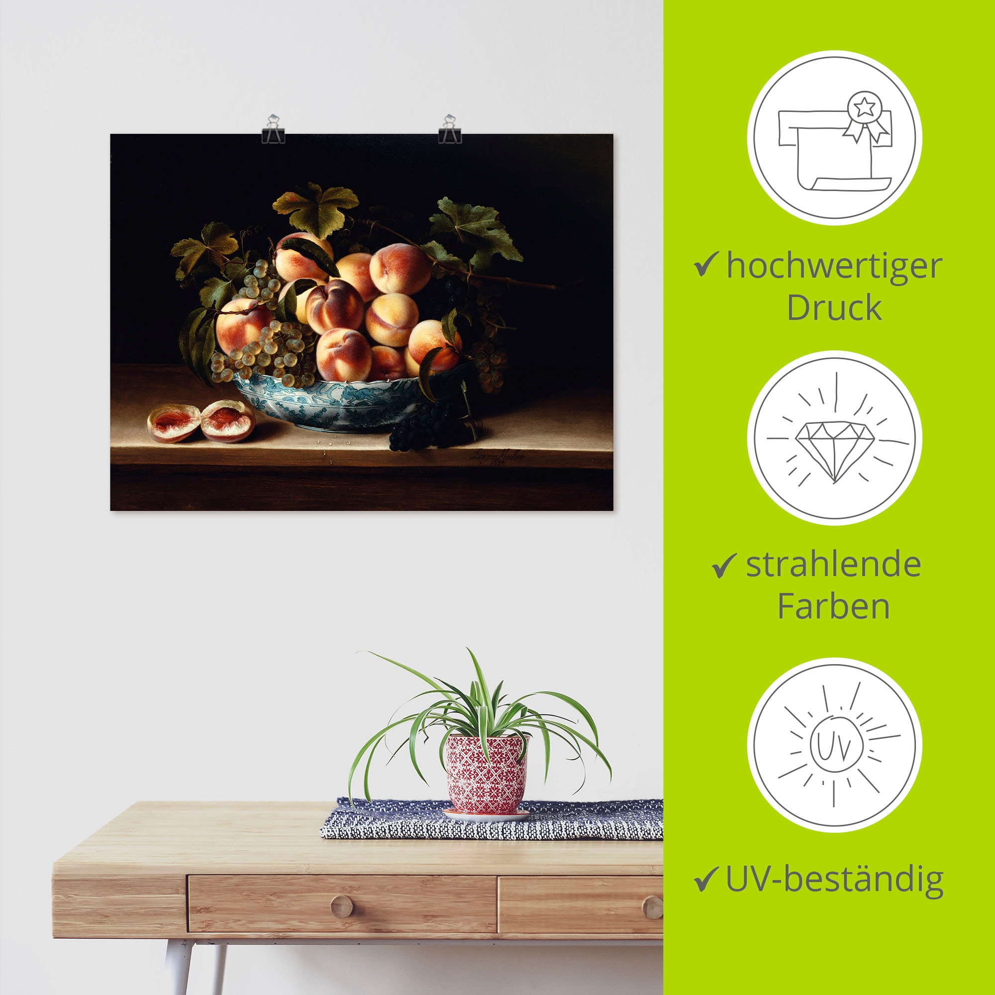 Artland Kunstdruck »Pfirsiche und Weintrauben«, Arrangements, (1 St.), als Leinwandbild, Wandaufkleber oder Poster in versch. Grössen