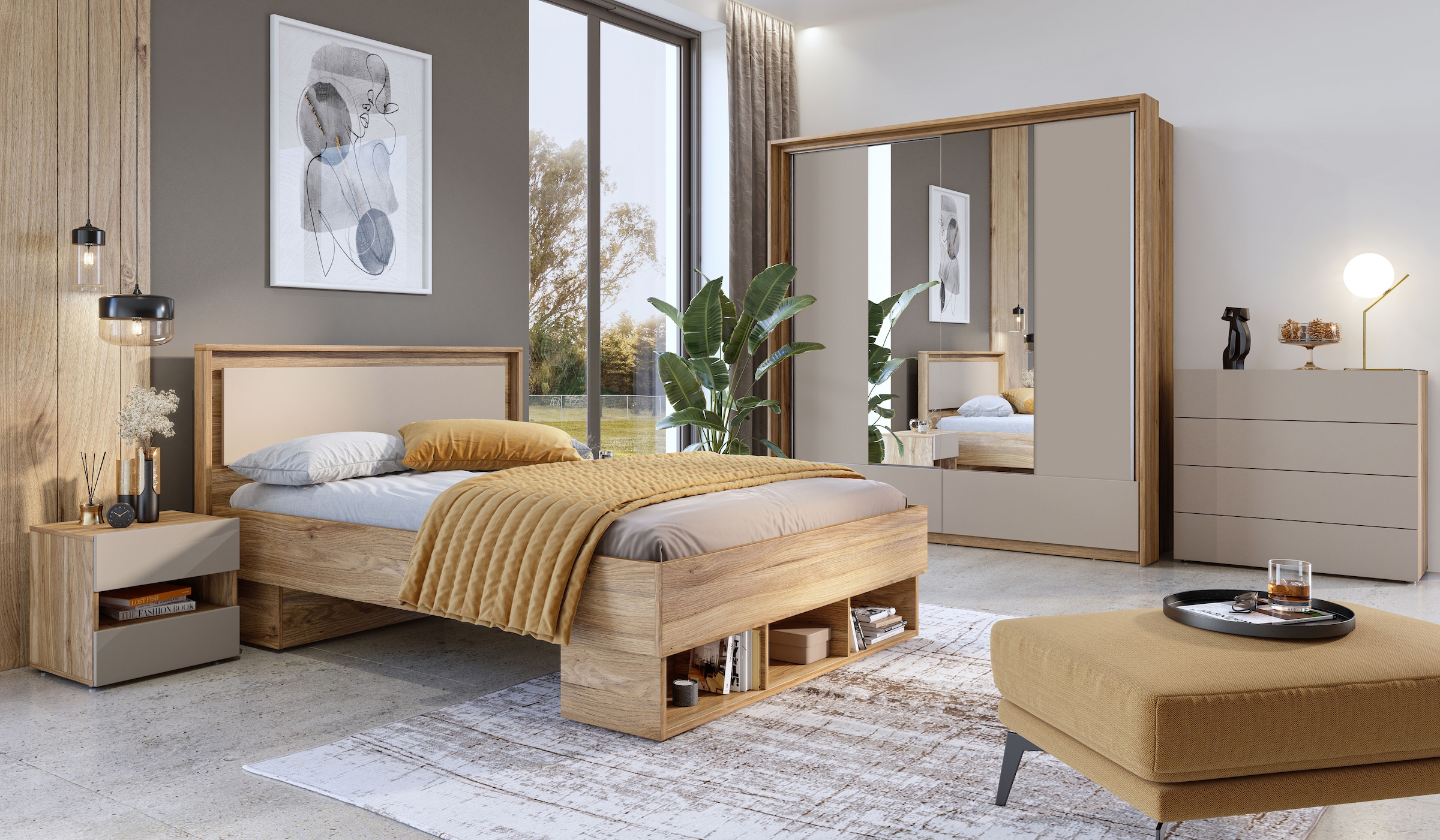 Home affaire Schwebetürenschrank »Wharton, Breite 159 oder 209 cm, Kleiderschrank incl. Innenausstattung«, Wäscheschrank, 2 Schubkästen, 2 Spiegel, Metallgriffe, Garderobe
