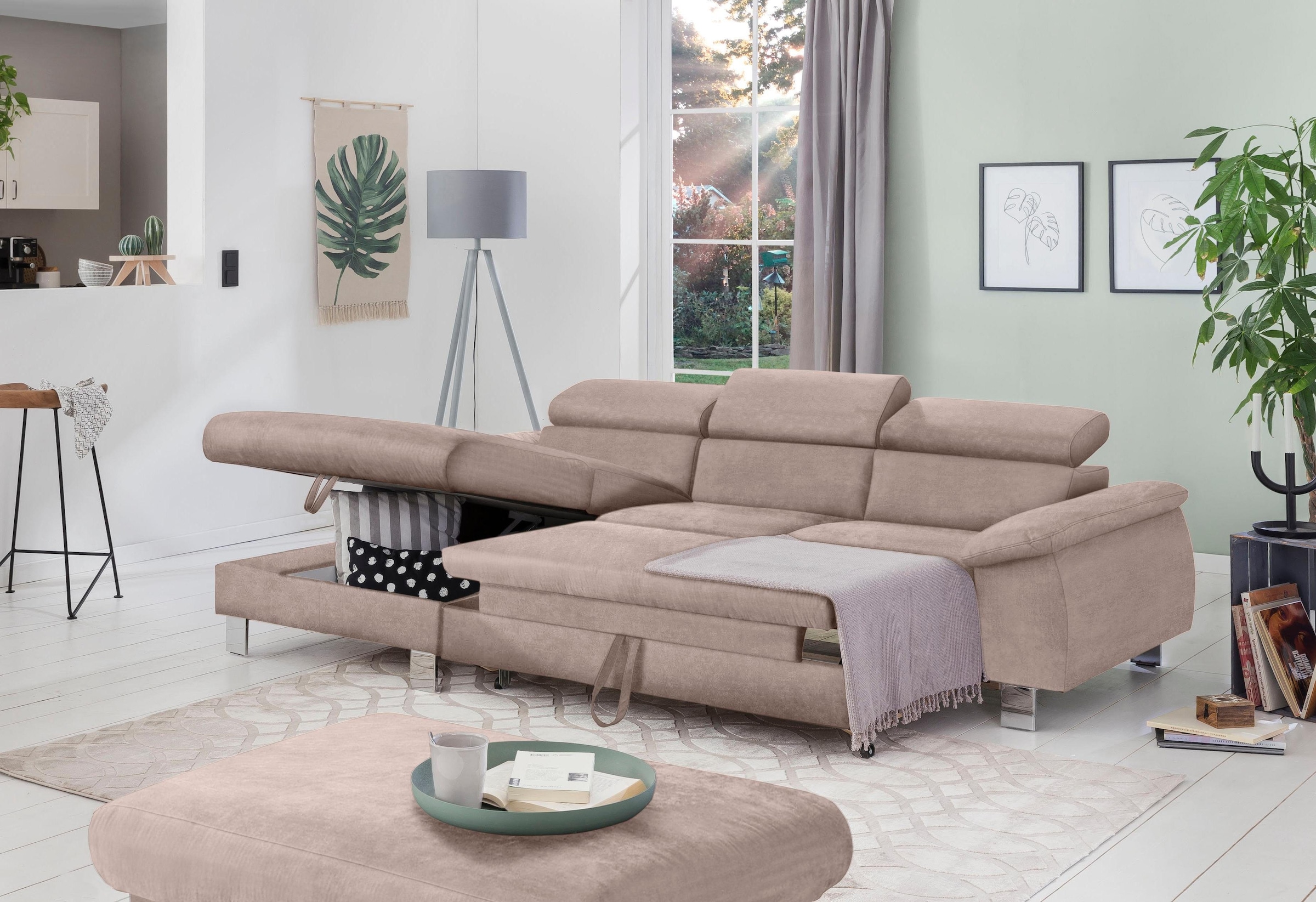 COTTA Ecksofa Komaris, Ecksofa, wahlweise mit RGB-LED-Beleuchtung und Bettfunktion/Bettkasten