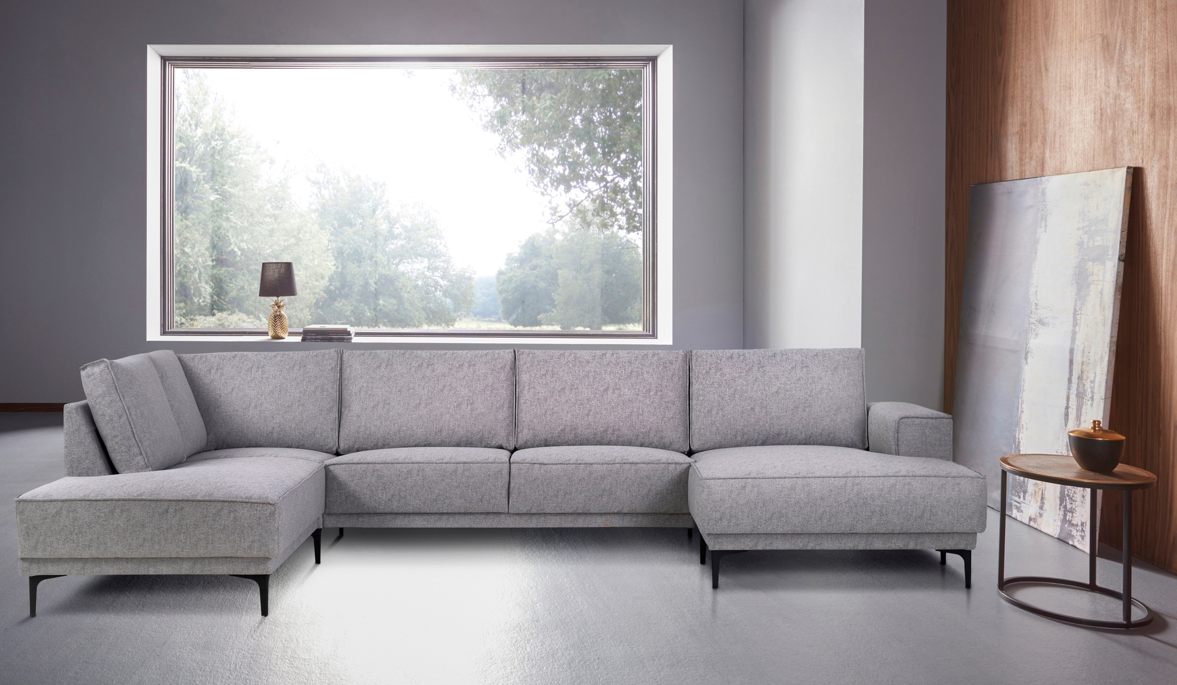Places of Style Wohnlandschaft »XXL Sofa Oland, Struktur, Flachgewebe, Luxus-Microfaser, Boucle«, U-Form, 345 cm, Wellenunterfederung, Skandi-Design, Metallfüsse