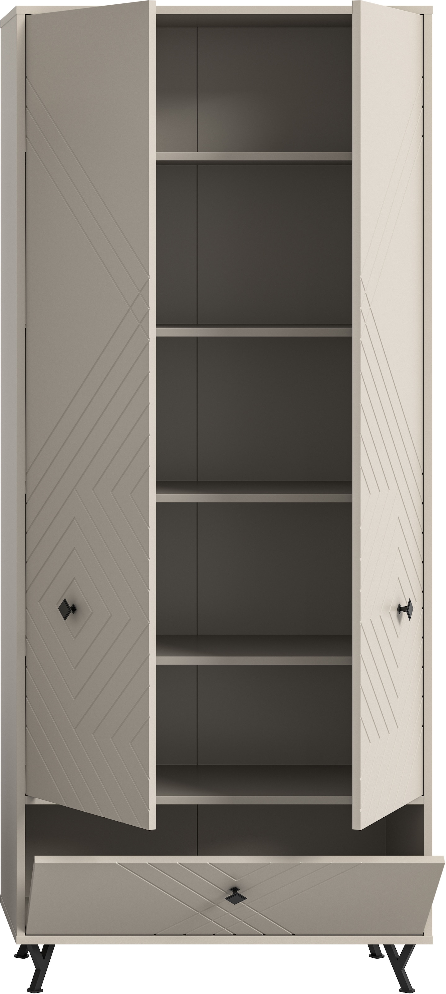 INOSIGN Garderobenschrank »Mento, Höhe 190cm, 2 Türen, 1 Klappe, 4 Einlegeböden, 6 Fächer«, Metall Knopfgriffe & Y-Füsse, Front mit Ornamentfräsung, Kleiderschrank