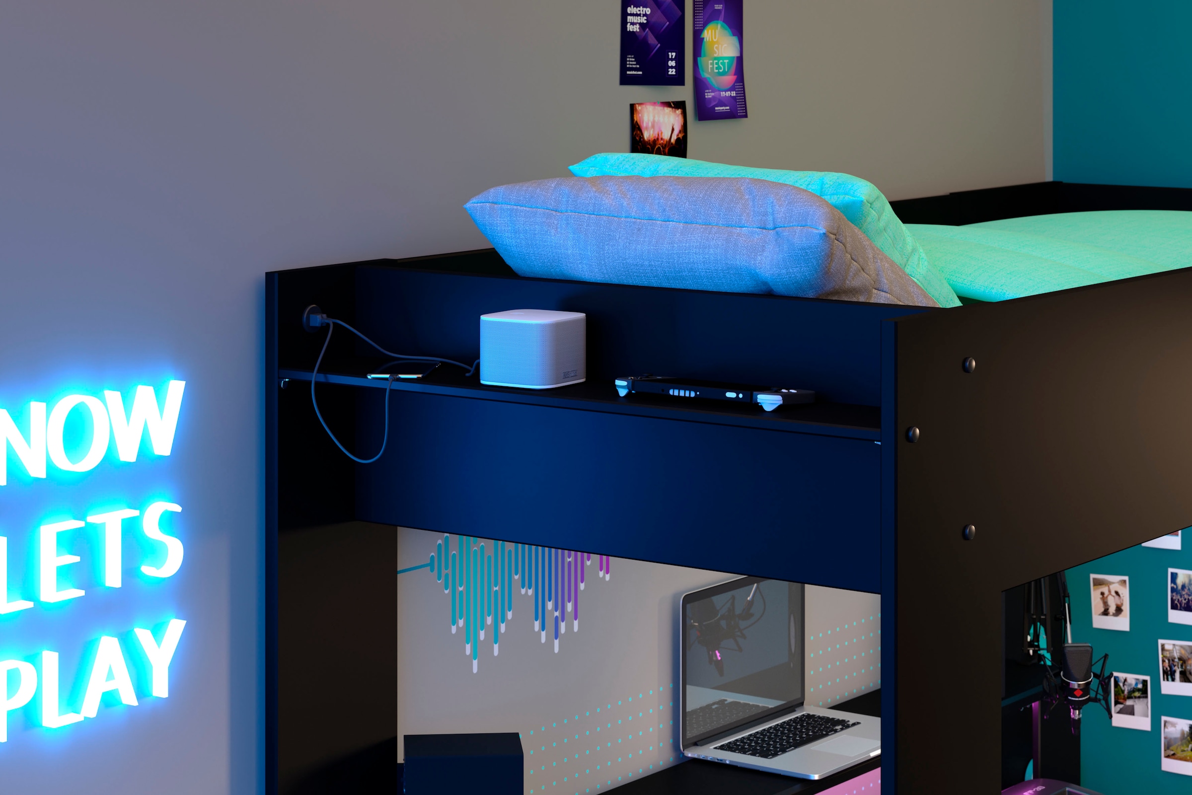 Parisot Hochbett »Gaming-Bett, mit Schreibtisch, USB Anschluss, LED, viel Stauraum«, ideal für kleine Räume, TOPSELLER!