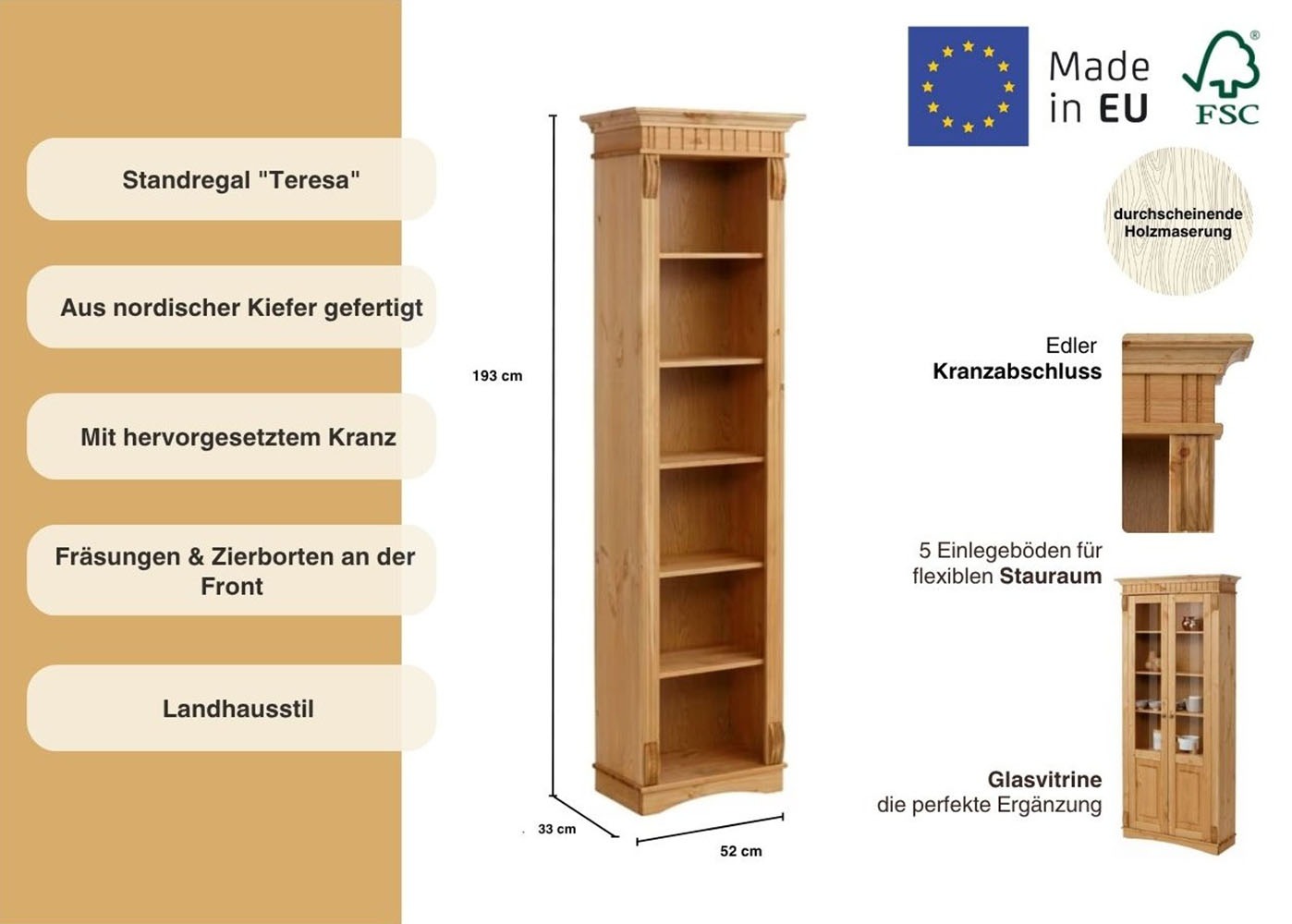 Home affaire Standregal »Teresa«, (Masse (B/T/H): 52/33/193 cm), Höhe 193 cm, aus massiver Kiefer, FSC®