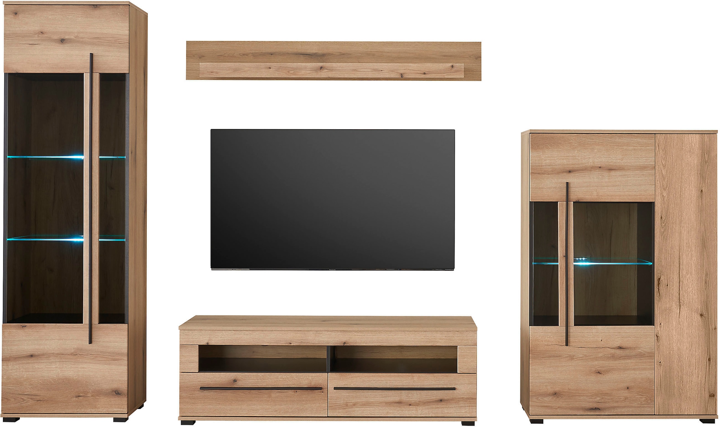 INOSIGN Wohnwand »Cantara, moderne Anbauwand, Wohnzimmer-Set, in Eiche Evoke oder Weiss«, (Set), enthält zwei Vitrinen, ein Lowboard und ein Wandboard