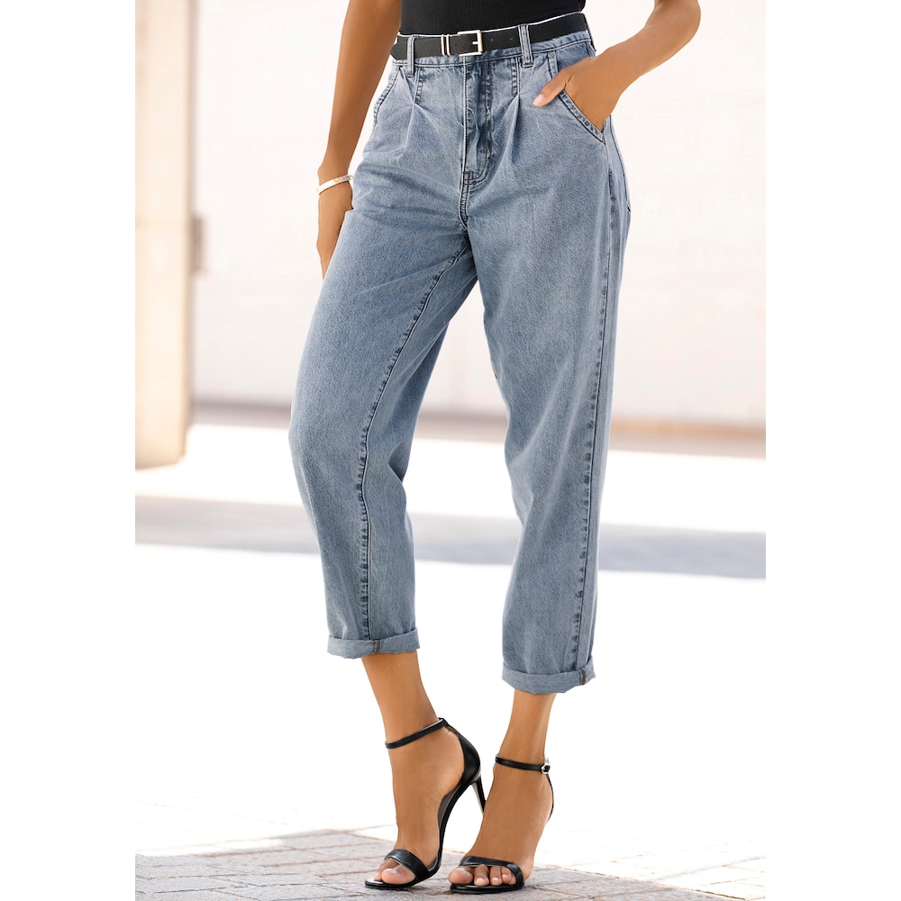 Relax-fit-Jeans, in High-waist-Form mit Bundfalten