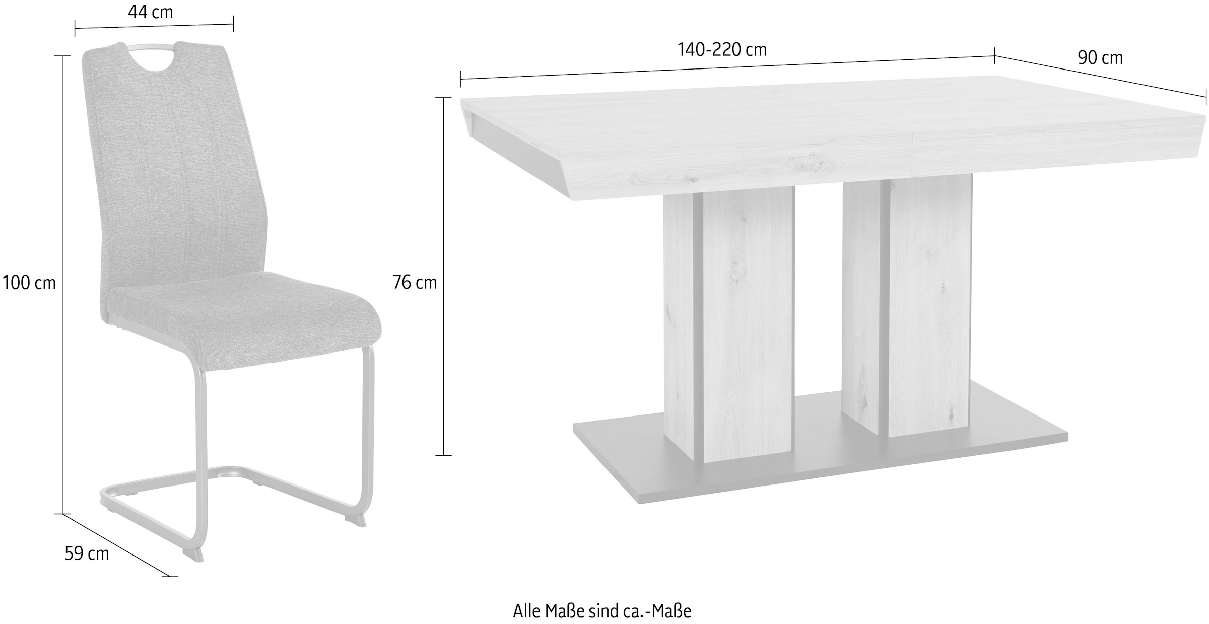 HELA Essgruppe »Tisch ausziehbar 140 -220 cm,«, (Set, 5 tlg.), Belastbarkeit 140 KG, bequem gepolstert mit Griff