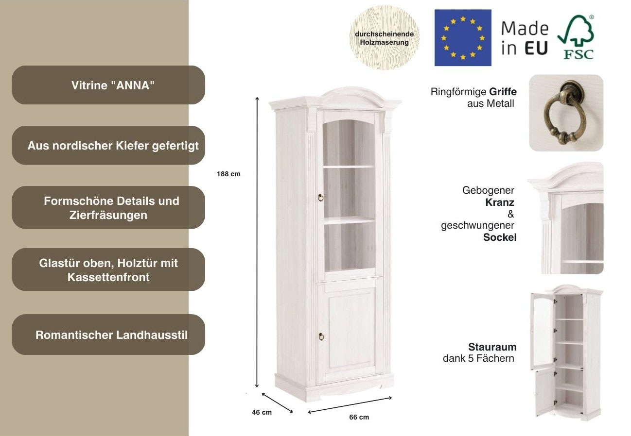 Home affaire Vitrine »Anna«, (Gesamtmasse (B/T/H): ca. 66/46/188 cm), mit Glastür, Höhe 188 cm, Massivholz, mit Zierfräsungen, FSC®