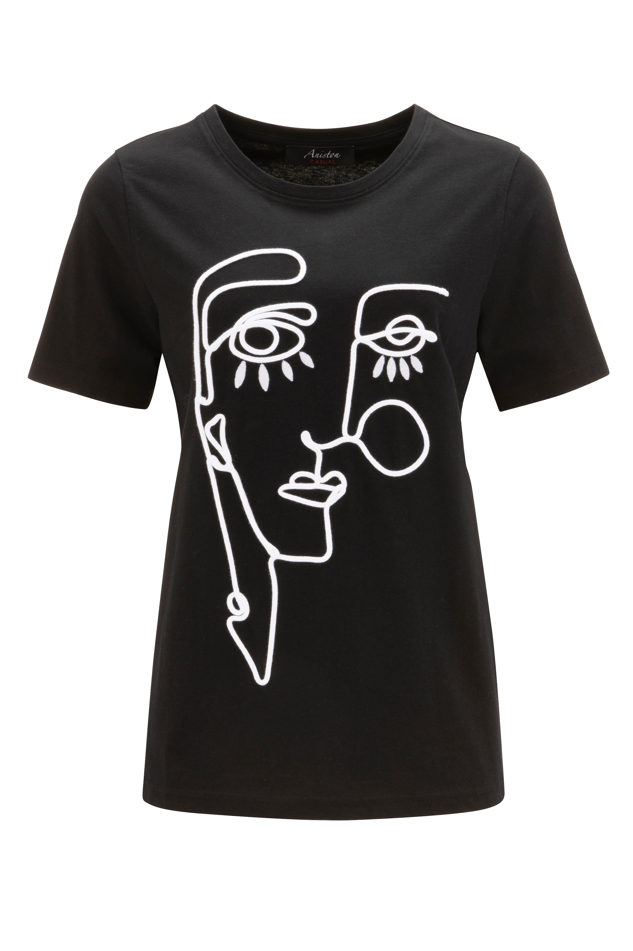 Aniston CASUAL kunstvollem aus | shoppen und Jelmoli-Versand T-Shirt, Stickerei online Kopf mit Kordel