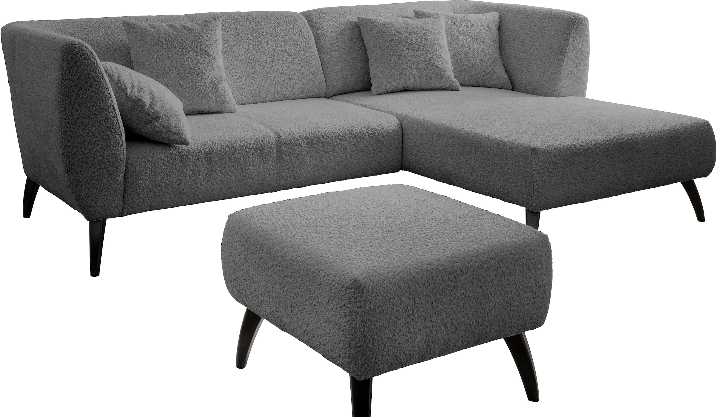 INOSIGN Ecksofa »Colori Polstermöbel mit zeitlos eleganter Rückenführung. L-Form«, Holzfussfarbe wählbar, inkl. 4x Zierkissen