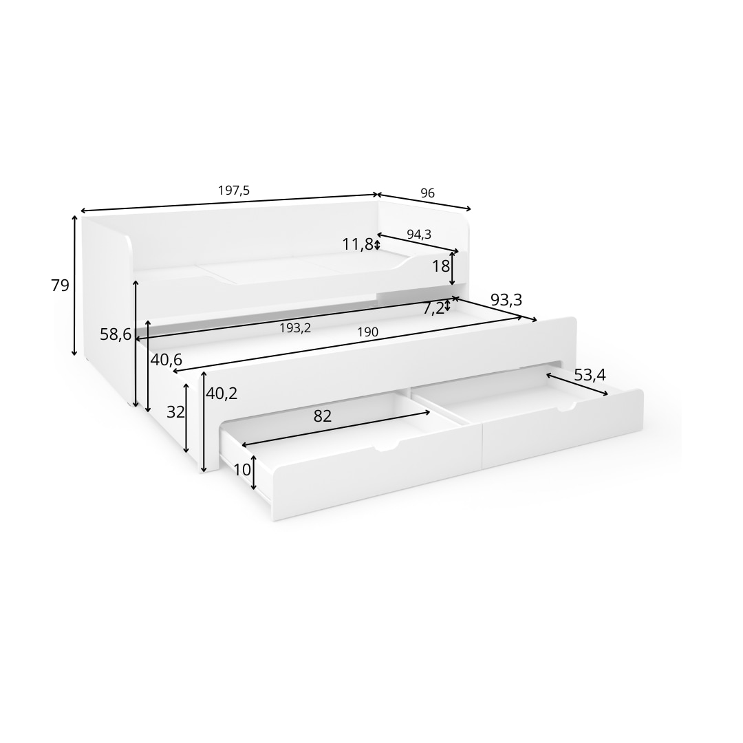 Home affaire Jugendbett »Bett Tulsa mit zusätzlicher ausziehbarer Schlaffläche und Schubladen«, Jugendbett BxTxH 197,5x96x79 cm