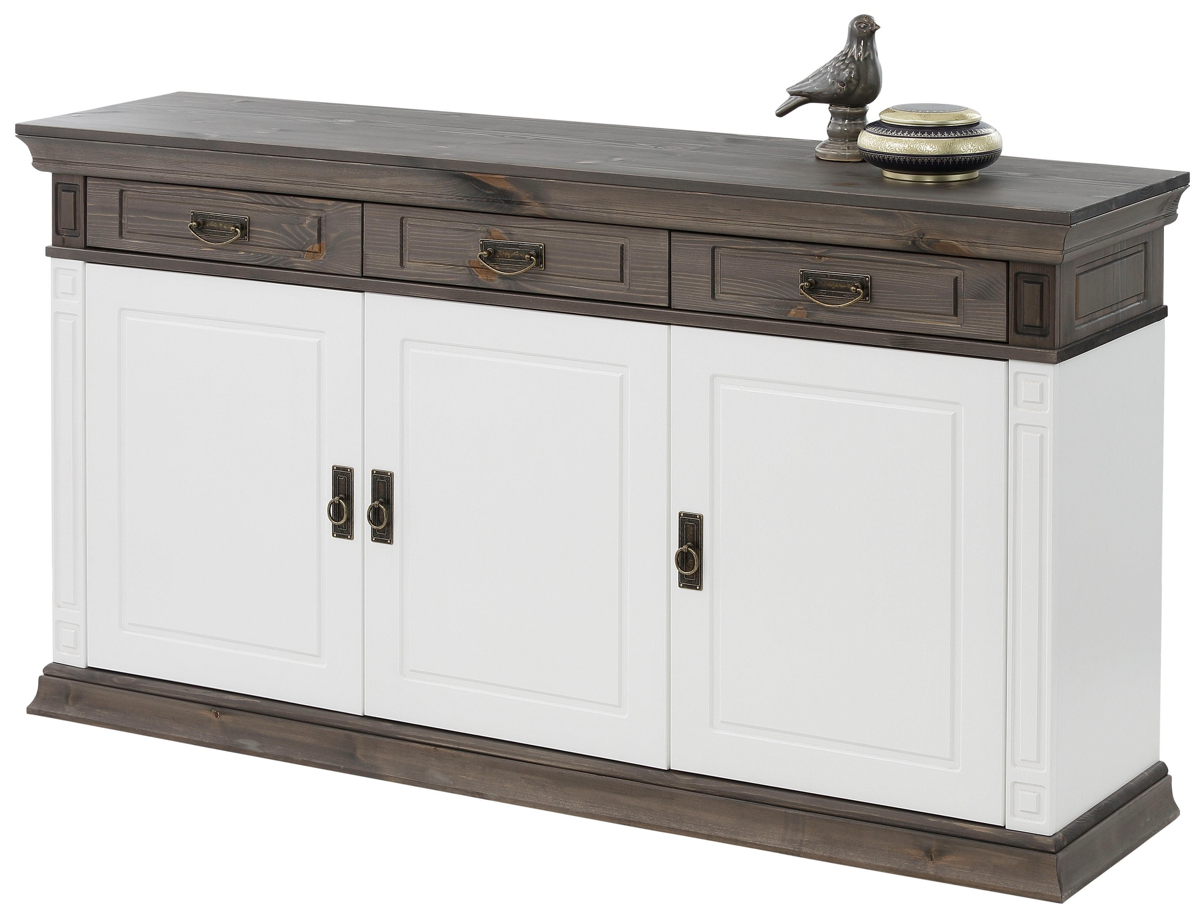 OTTO home Sideboard "Vinales, kommode 3 Schubläden, 3 Türen, 2 Einlegeböden" B/T/H: 155/39/83 cm, Messinggriffe im Jugendstil, Zierleiste und eleganter Sockel