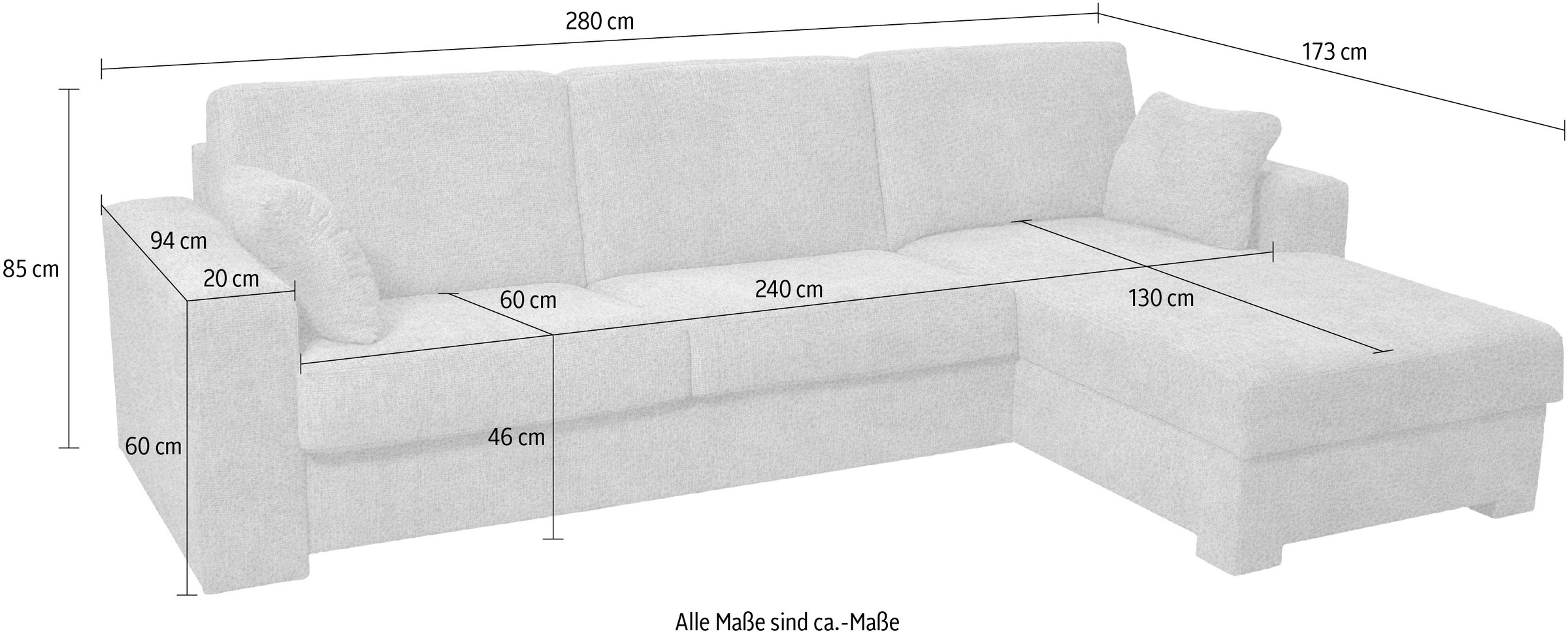 Home affaire Ecksofa »Roma "M" Matratzenhöhe 14 cm, Dauerschlaffunktion, mit Unterfederung,«, Liegemasse ca 143x198 cm, L-Form