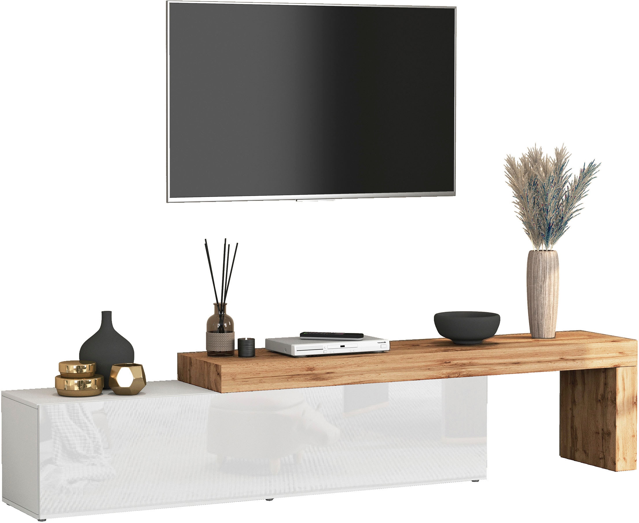 INOSIGN Lowboard »Chronos TV-Board, TV-Schrank«, (1 St., Breite verstellbar von 190 bis 350 cm), Breite 270 cm TV-Board,Lowboard,1 Klappe und ein L-Förmiger Aufsatz