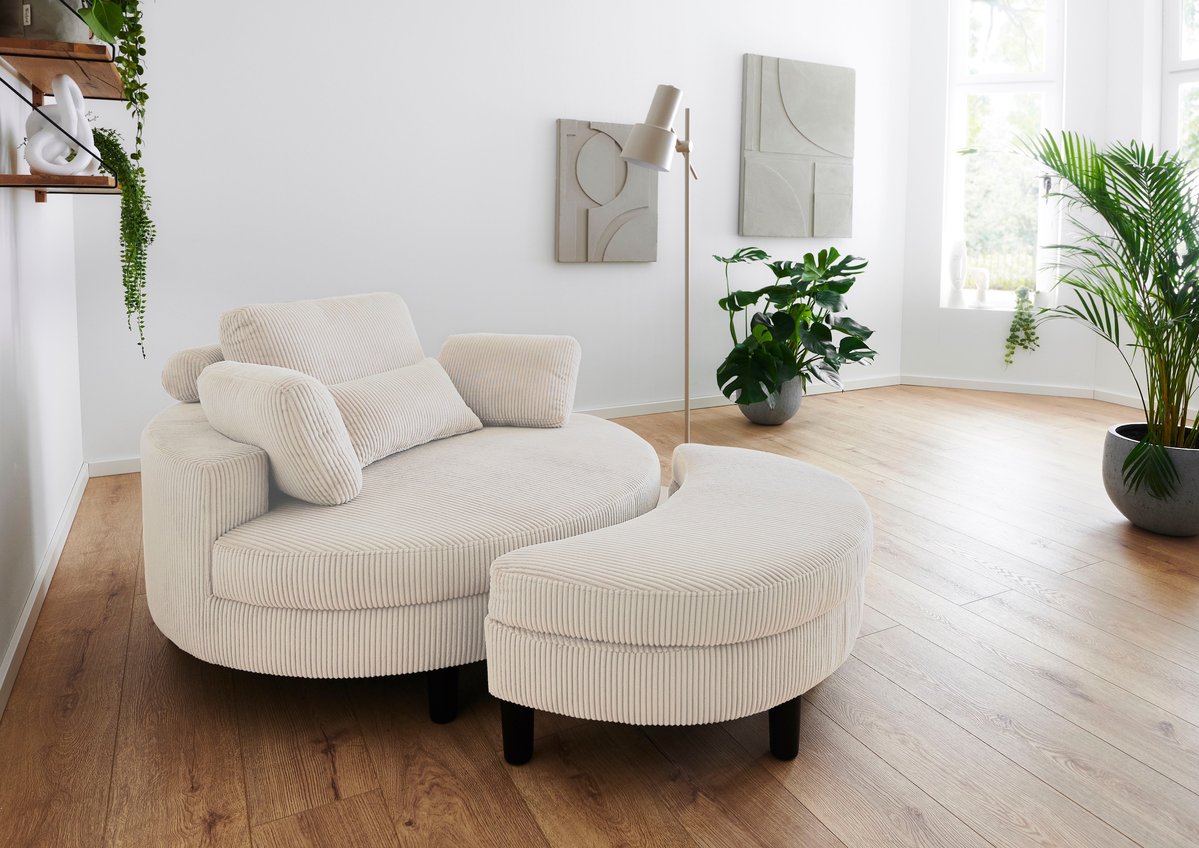 ATLANTIC home collection Loveseat »Ravi, B: 114 cm«, XXL- Sessel, mit Stauraumhocker, Rückenstütze & 4 Zierkissen
