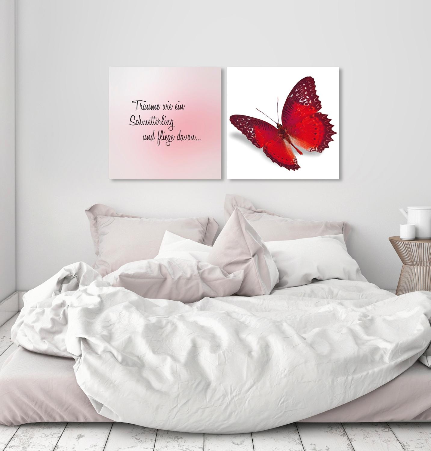 queence Leinwandbild "flieg davon" Kunst  Modern  Schmetterlinge  Schriftzug  Schriftzüge  Spa  Spa Bilder  Sprüche  Sprüche & Texte  Tiere Set, Premium-Leinwandstoff, Handarbeit aus Deutschland, Spruch, 2er Set