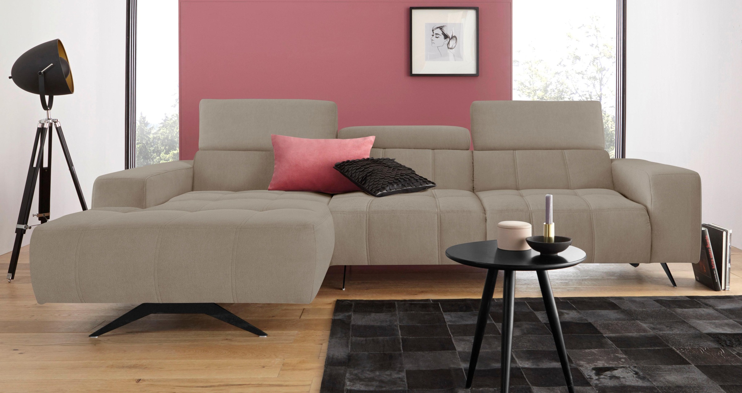 DOMO collection Ecksofa »Trento L-Form, mit Kufenfuss oder Einzelfuss«, wahlweise mit Kopfteilverstellung, Recamiere links/rechts bestellbar