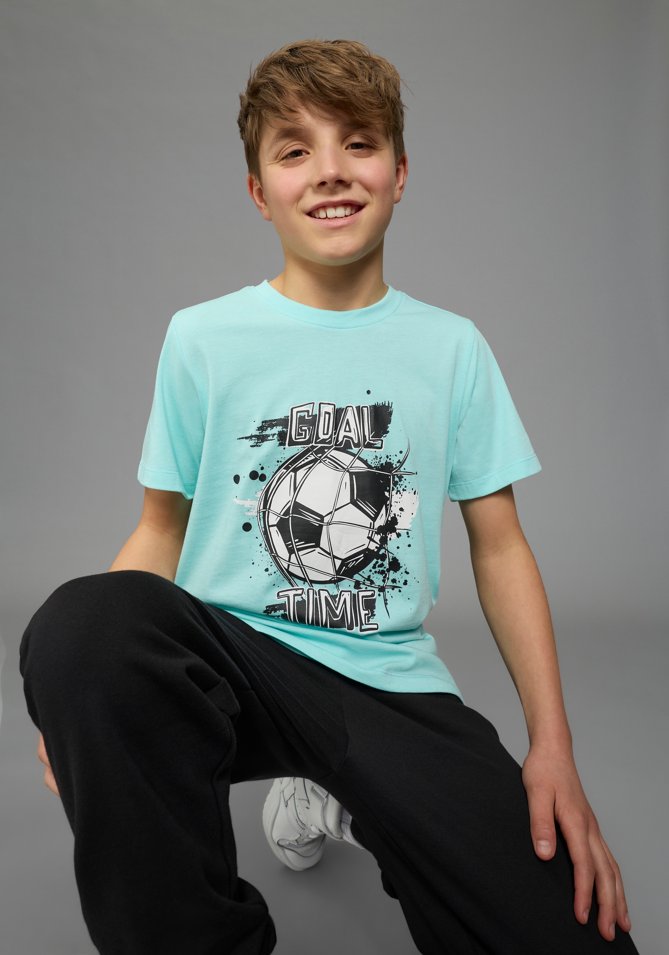 KIDSWORLD T-Shirt "Shirt mit Fussballmotiv: GOAL TIME" für Jungen, Kurzarm, Rundhalsausschnitt